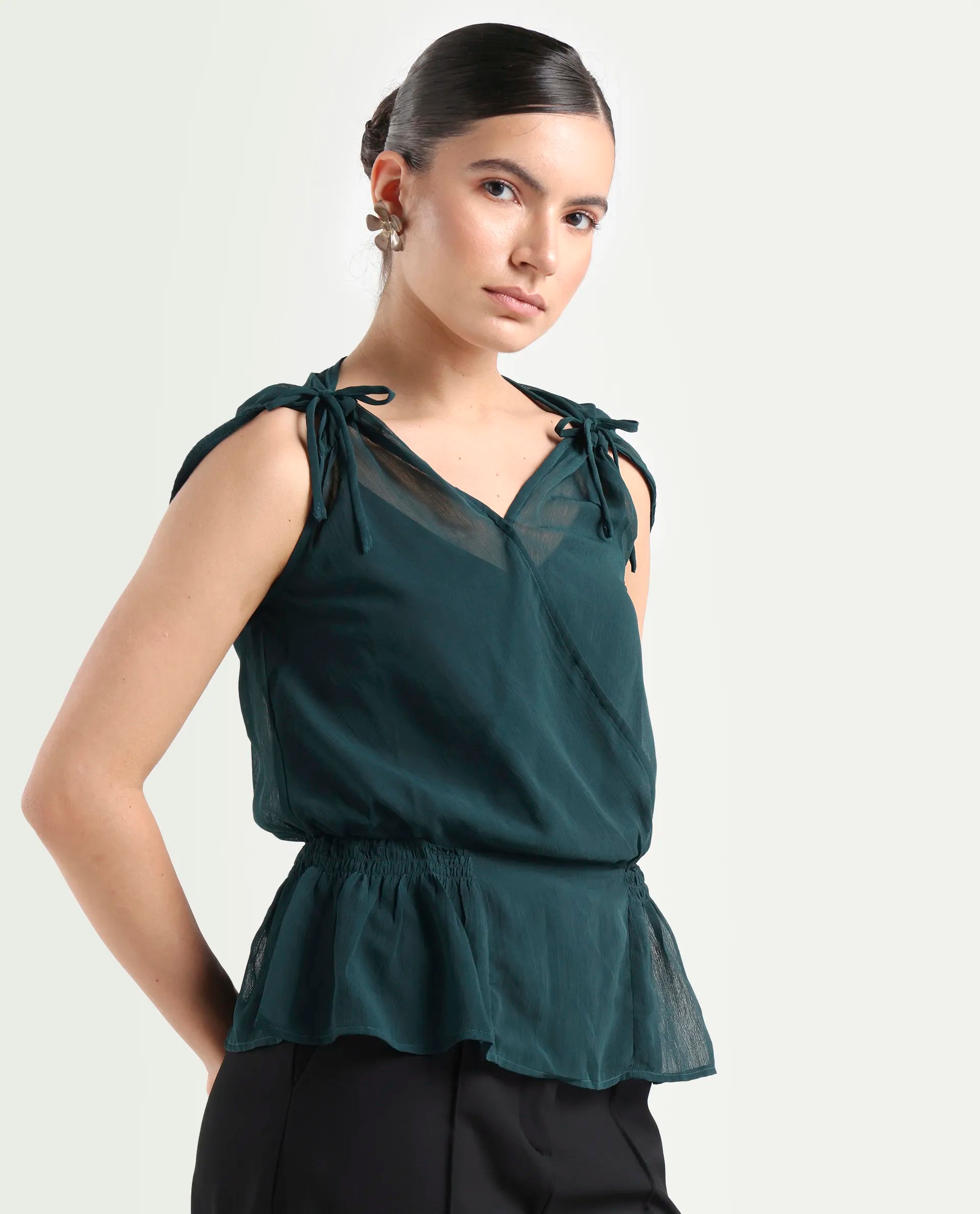 Rareism Women's Belong Green Viscose V-Neck Plain Sleeveless Regular Fit Top