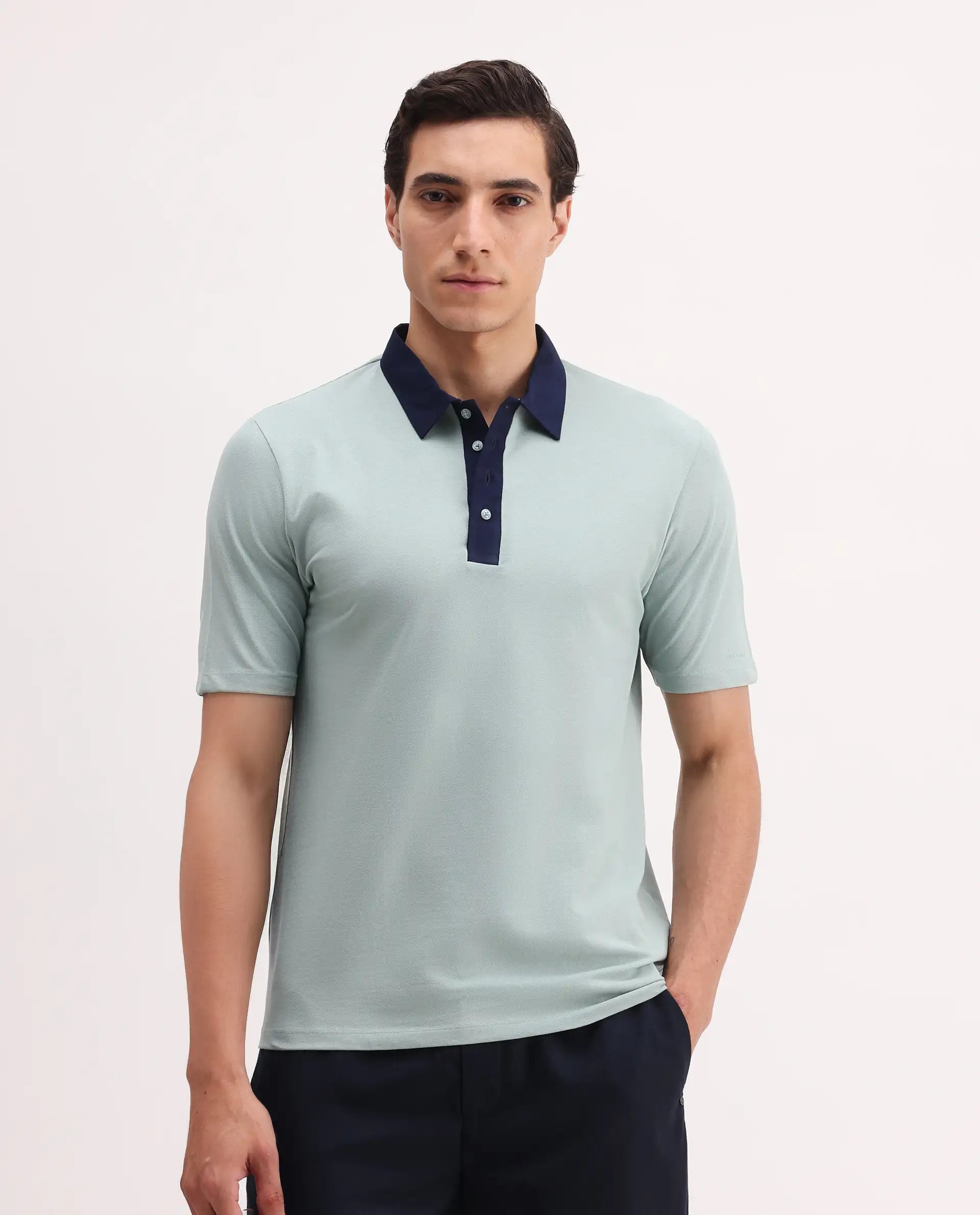 Rare Rabbit Men's Belton Pastel Green Cotton Blend Plain Regular Fit Half Sleeve Polo