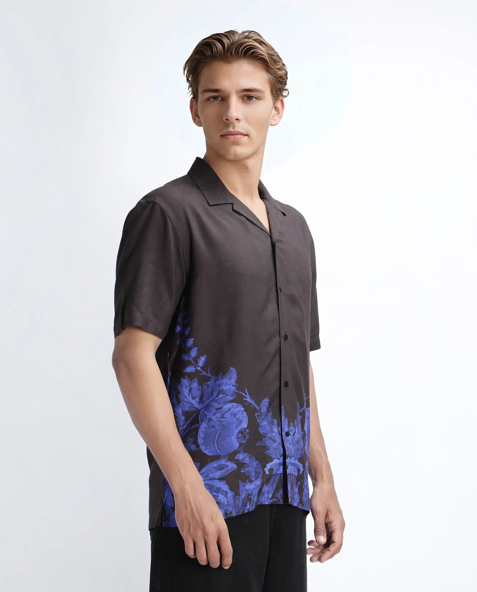 Rare Rabbit Men's Bem Dark Brown Viscose Abstract Print Boxy Fit Half Sleeve Cuban Collar Shirt