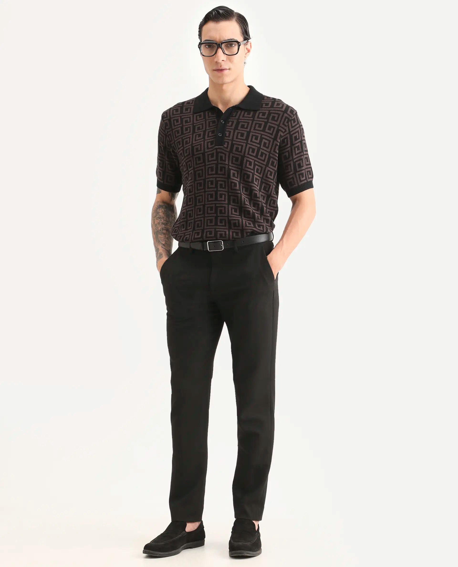 Rare Rabbit Men's Bennett Dark Brown Cotton Fabric Half Sleeve Regular Fit Geometric Print Polo