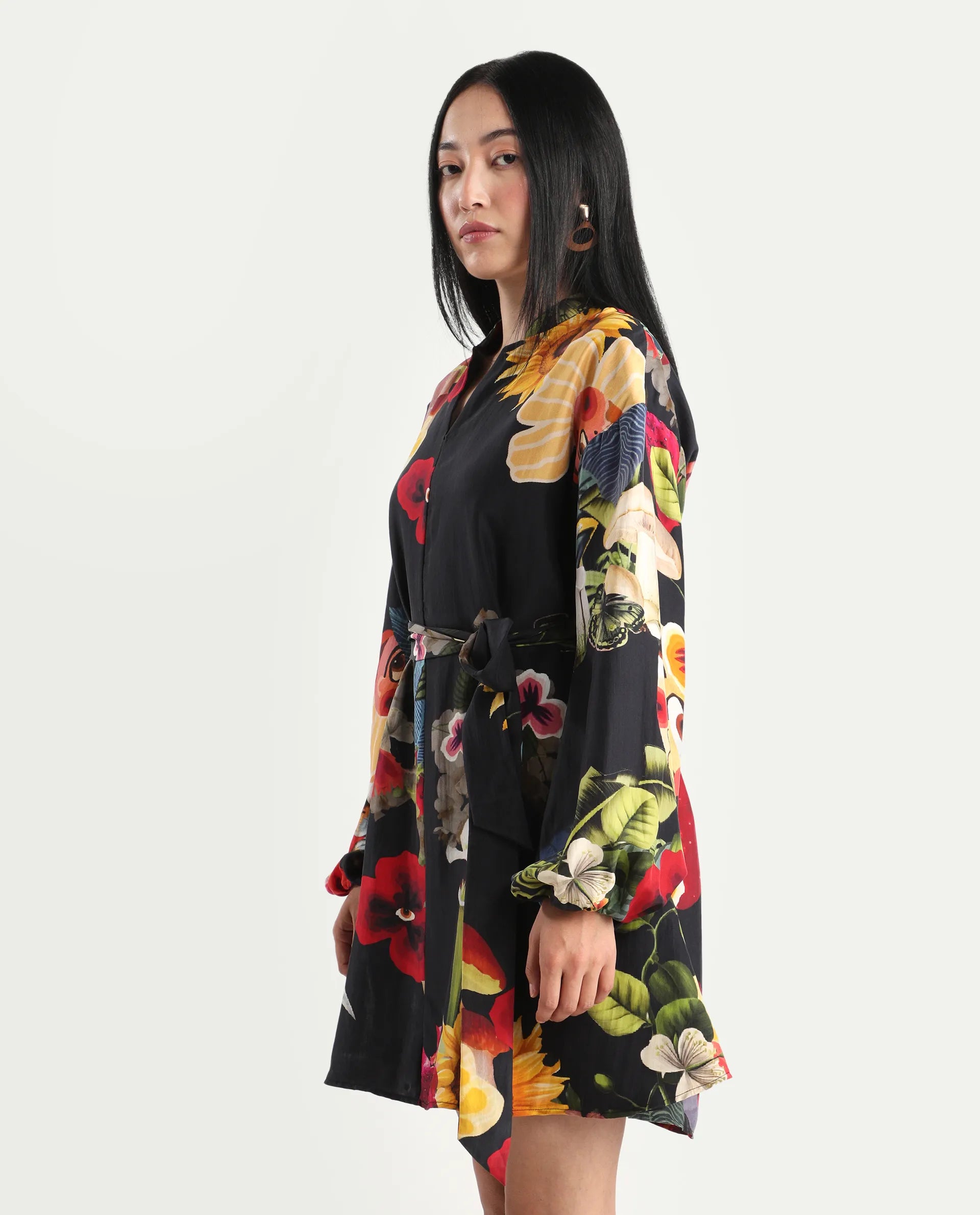 Rareism Women's Bemti Black Silk Full Sleeve Flared Abstract Print Dress