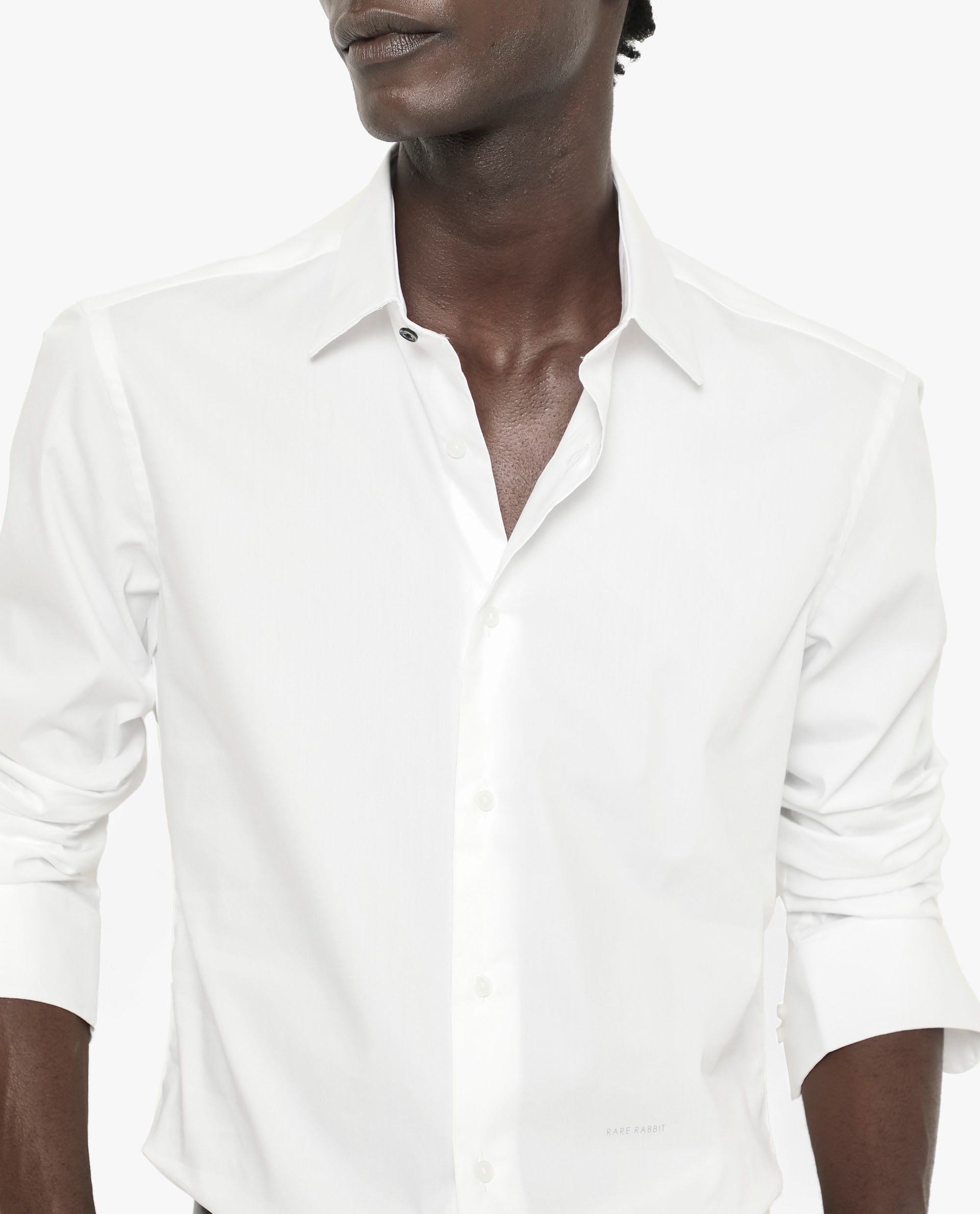 Rare Rabbit Men's Benedict White Cotton Poly Elastane Blend Fabric Full Sleeve Solid Formal Shirt