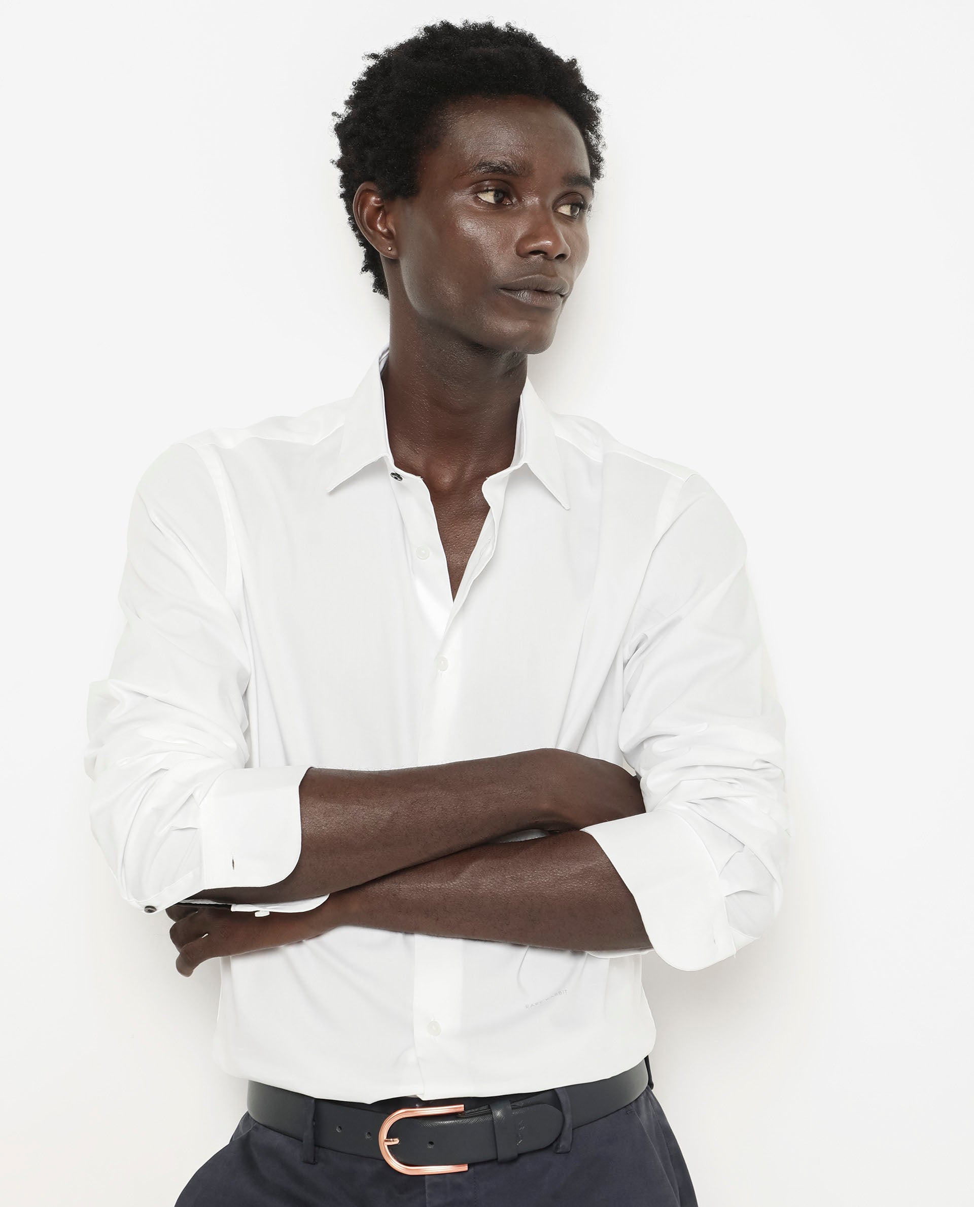 Rare Rabbit Men's Benedict White Cotton Poly Elastane Blend Fabric Full Sleeve Solid Formal Shirt