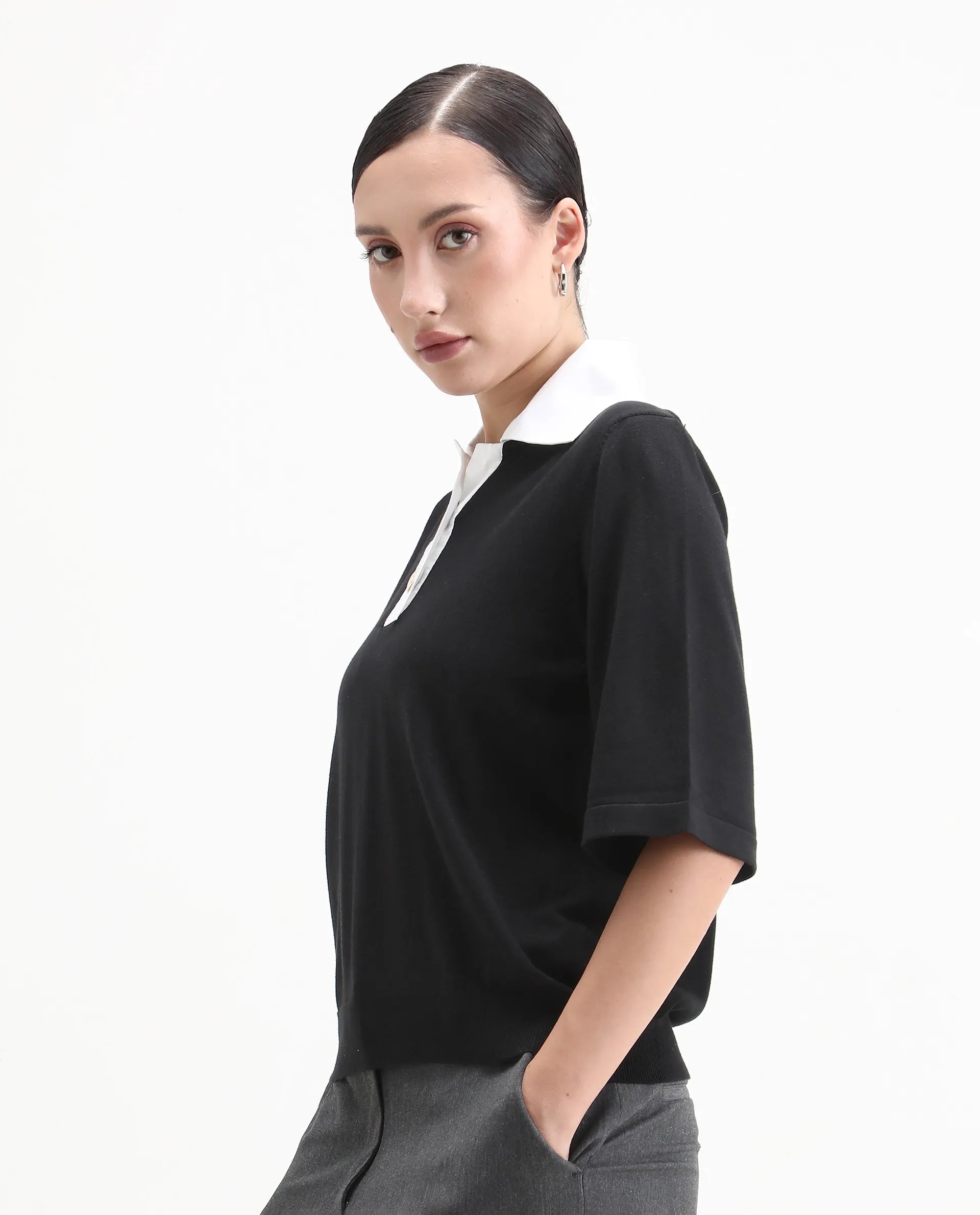 Rareism Women's Bene Black Drop Collar Plain Relaxed Fit Top