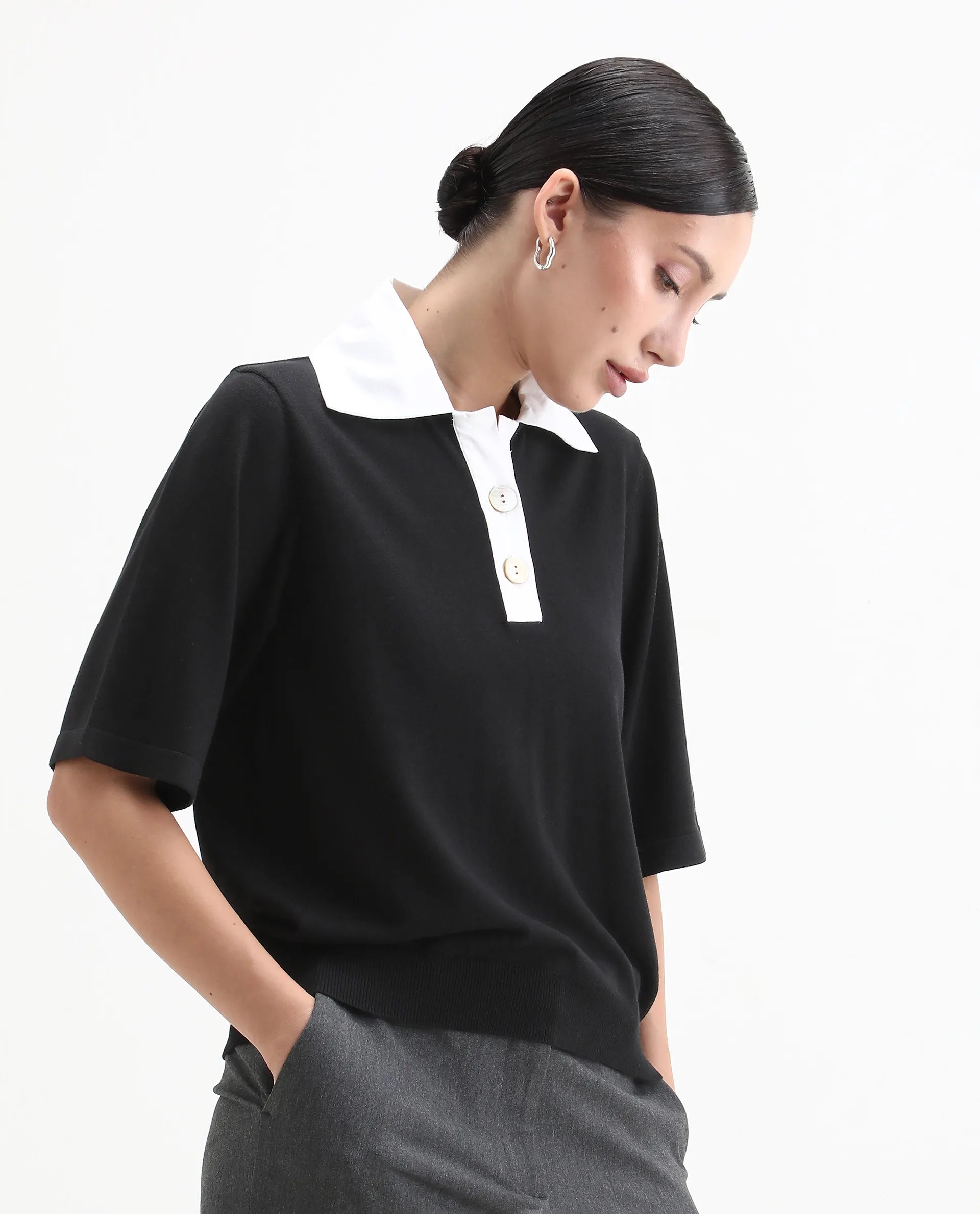 Rareism Women's Bene Black Drop Collar Plain Relaxed Fit Top