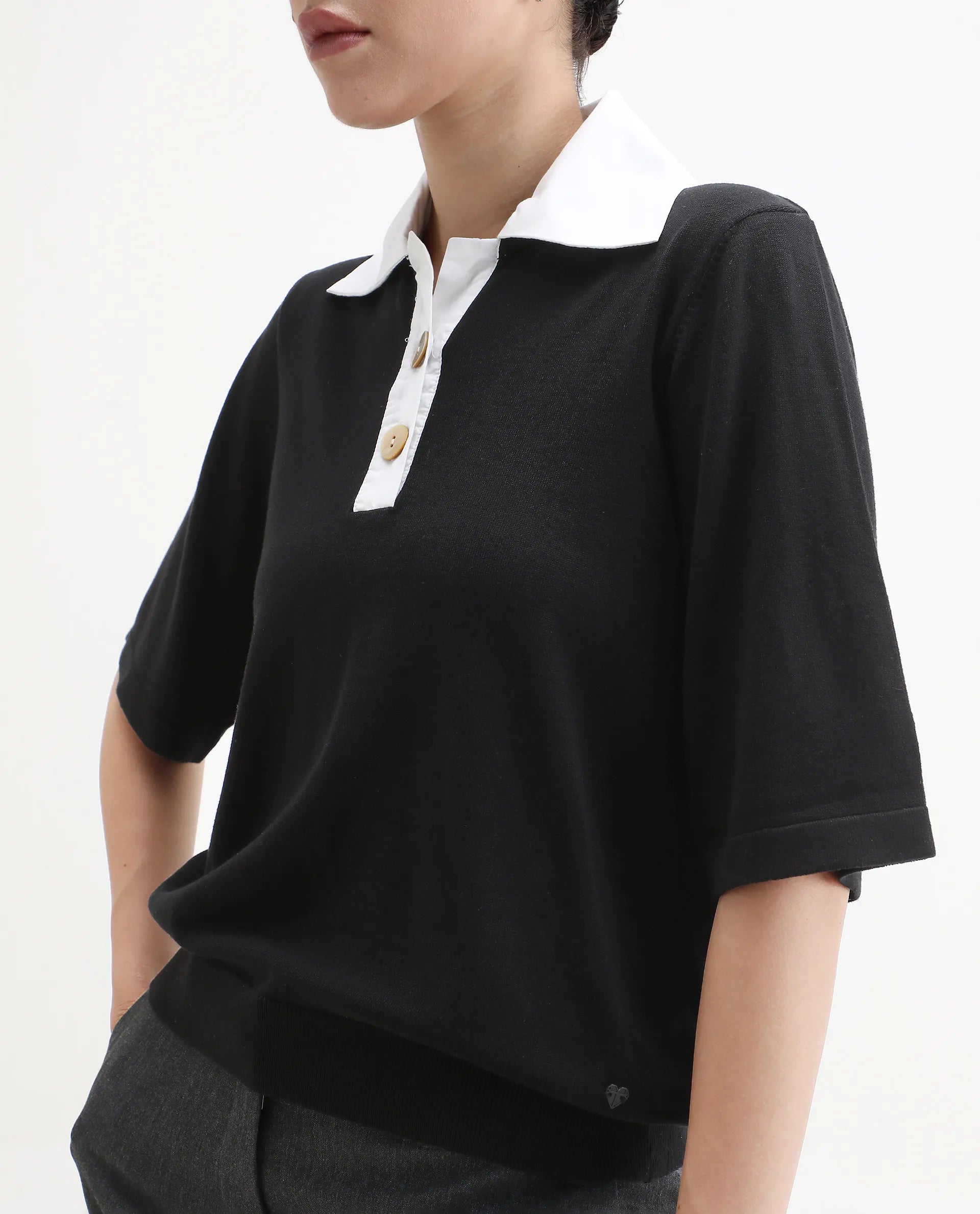 Rareism Women's Bene Black Drop Collar Plain Relaxed Fit Top