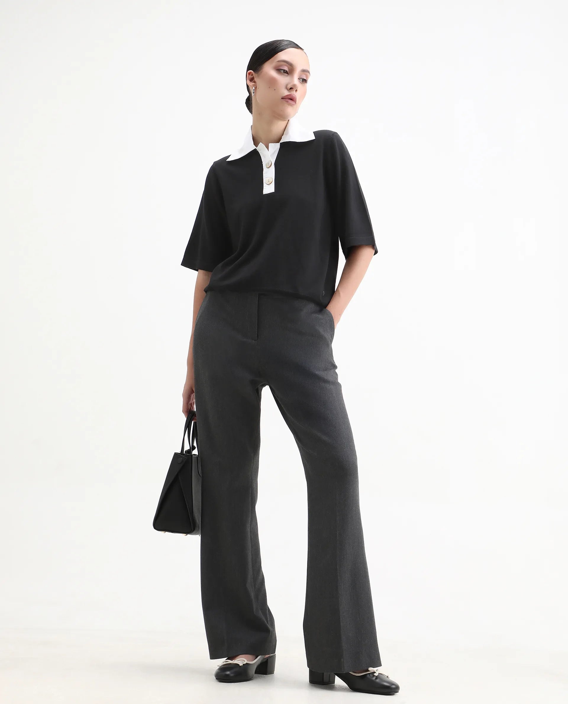 Rareism Women's Bene Black Drop Collar Plain Relaxed Fit Top