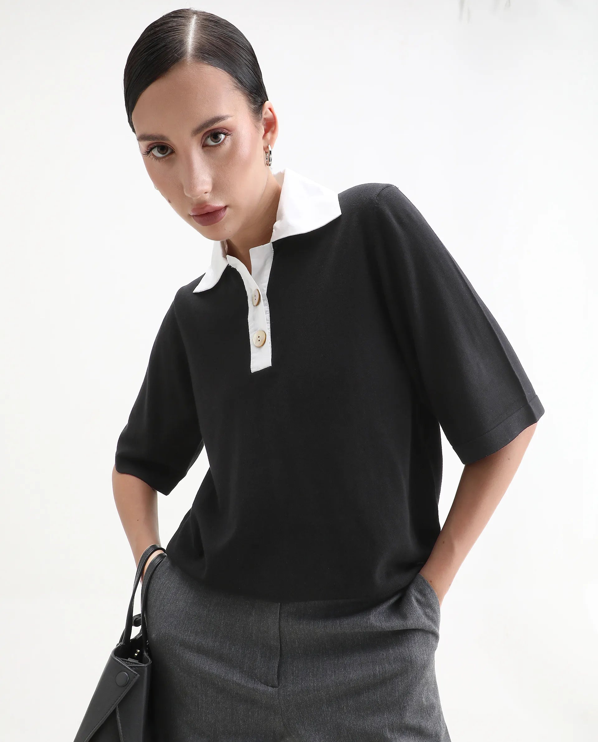 Rareism Women's Bene Black Drop Collar Plain Relaxed Fit Top