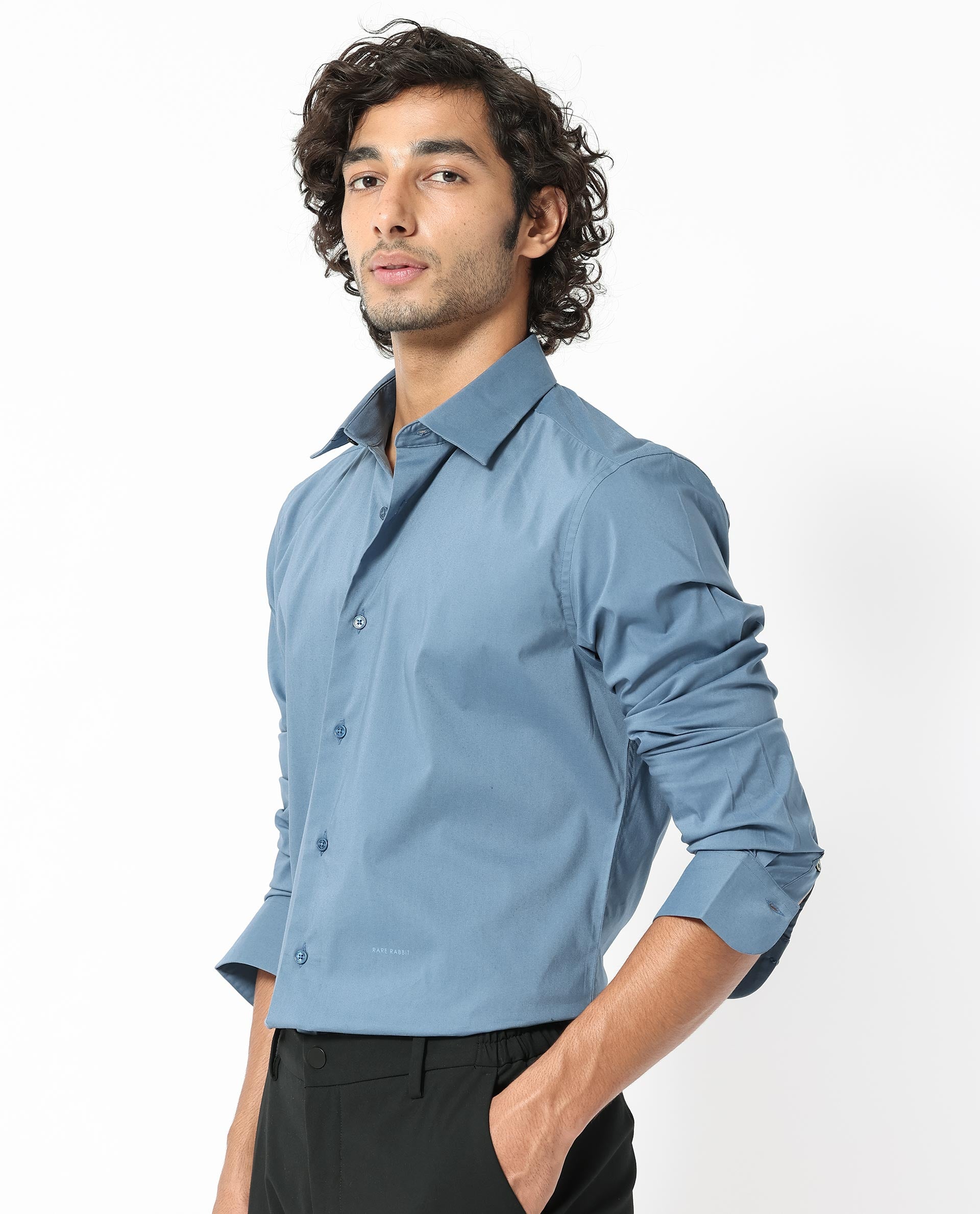 Rare Rabbit Mens Benedict Light Blue Cotton Stretch Drop Collar Full Sleeve Solid Shirt