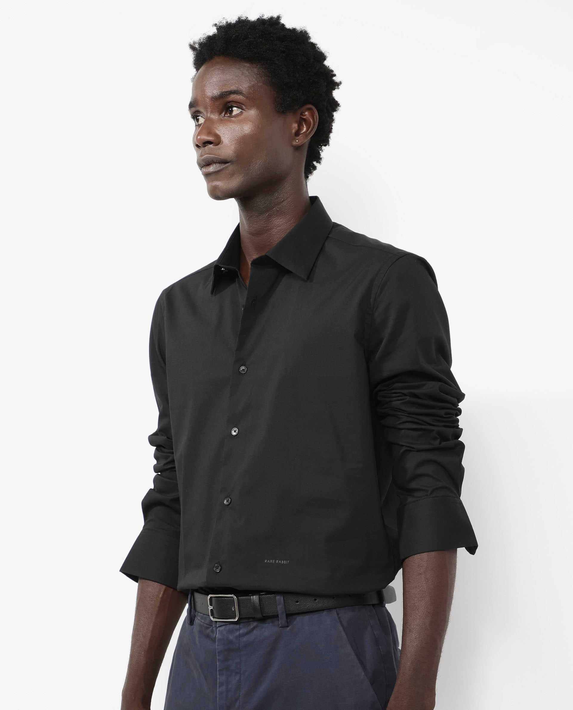 Rare Rabbit Men's Benedict Black Cotton Poly Elastane Blend Fabric Full Sleeve Solid Formal Shirt