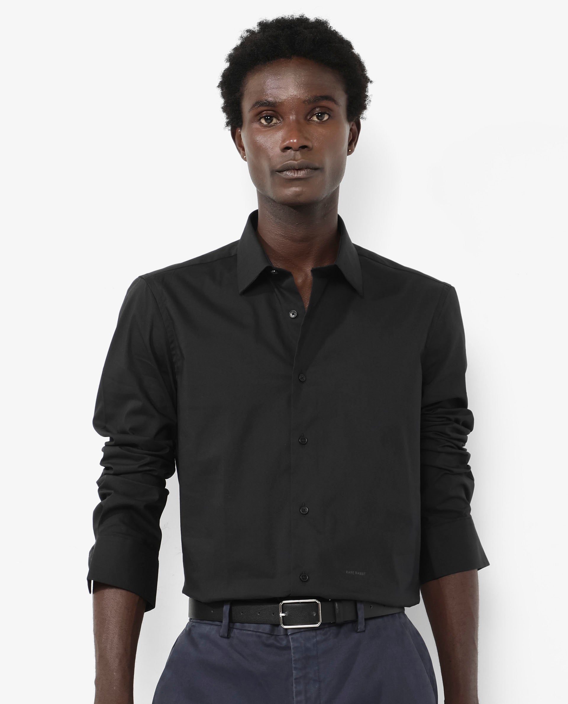 Rare Rabbit Men's Benedict Black Cotton Poly Elastane Blend Fabric Full Sleeve Solid Formal Shirt