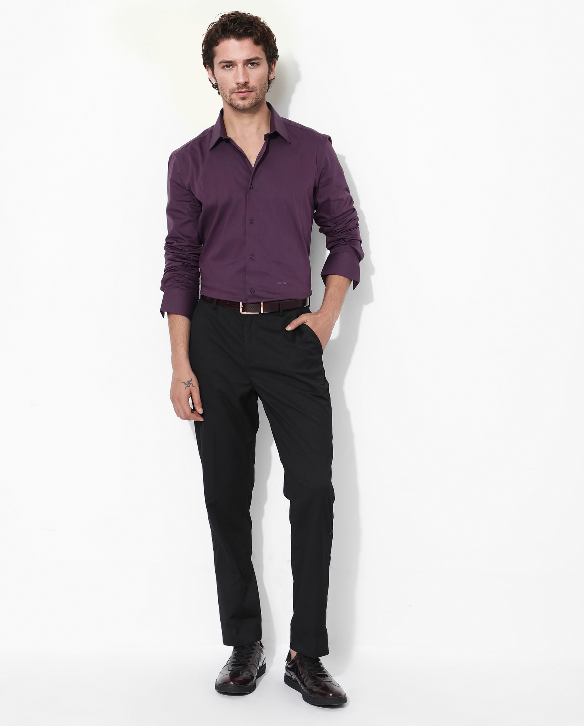 Rare Rabbit Men's Benedict Dark Purple Cotton Poly Elastane Blend Fabric Full Sleeve Solid Formal Shirt