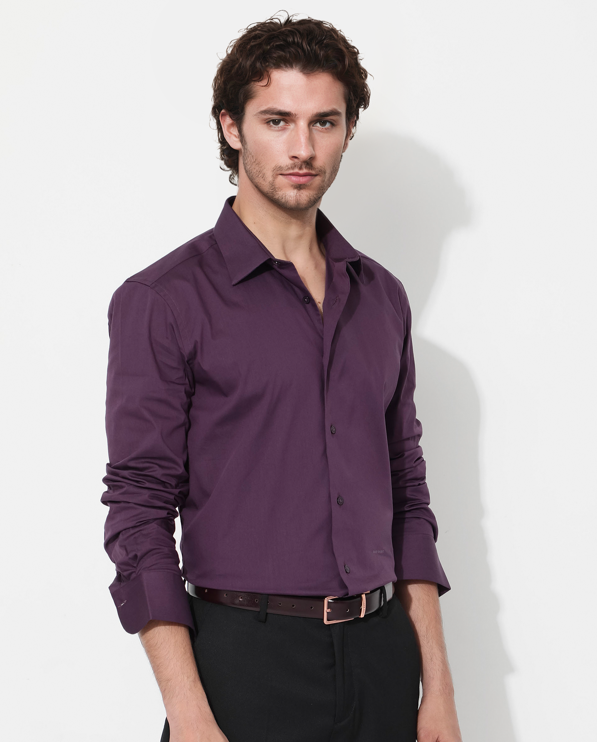 Rare Rabbit Men's Benedict Dark Purple Cotton Poly Elastane Blend Fabric Full Sleeve Solid Formal Shirt