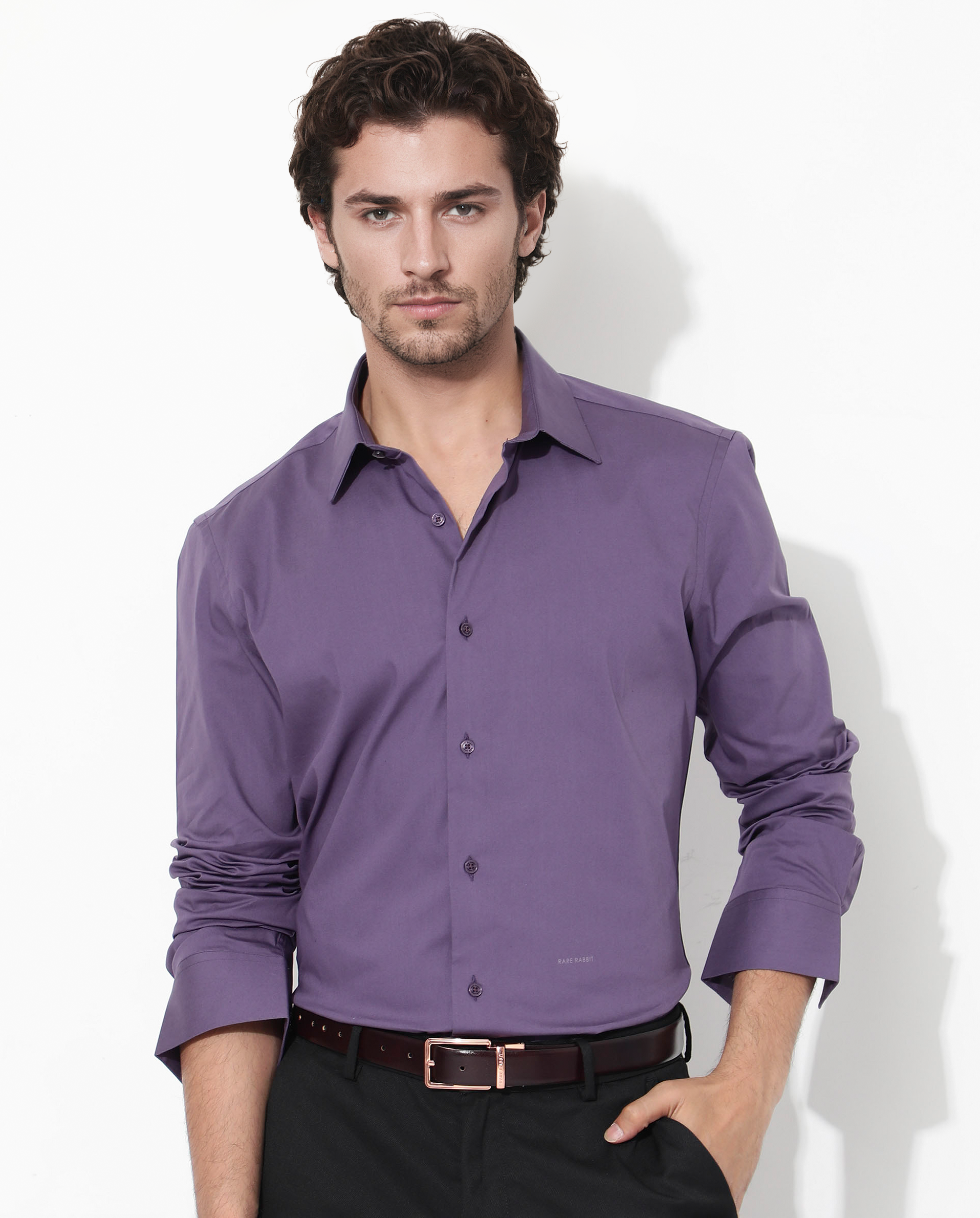 Rare Rabbit Men's Benedict Dusky Purple Cotton Poly Elastane Blend Fabric Full Sleeve Solid Formal Shirt