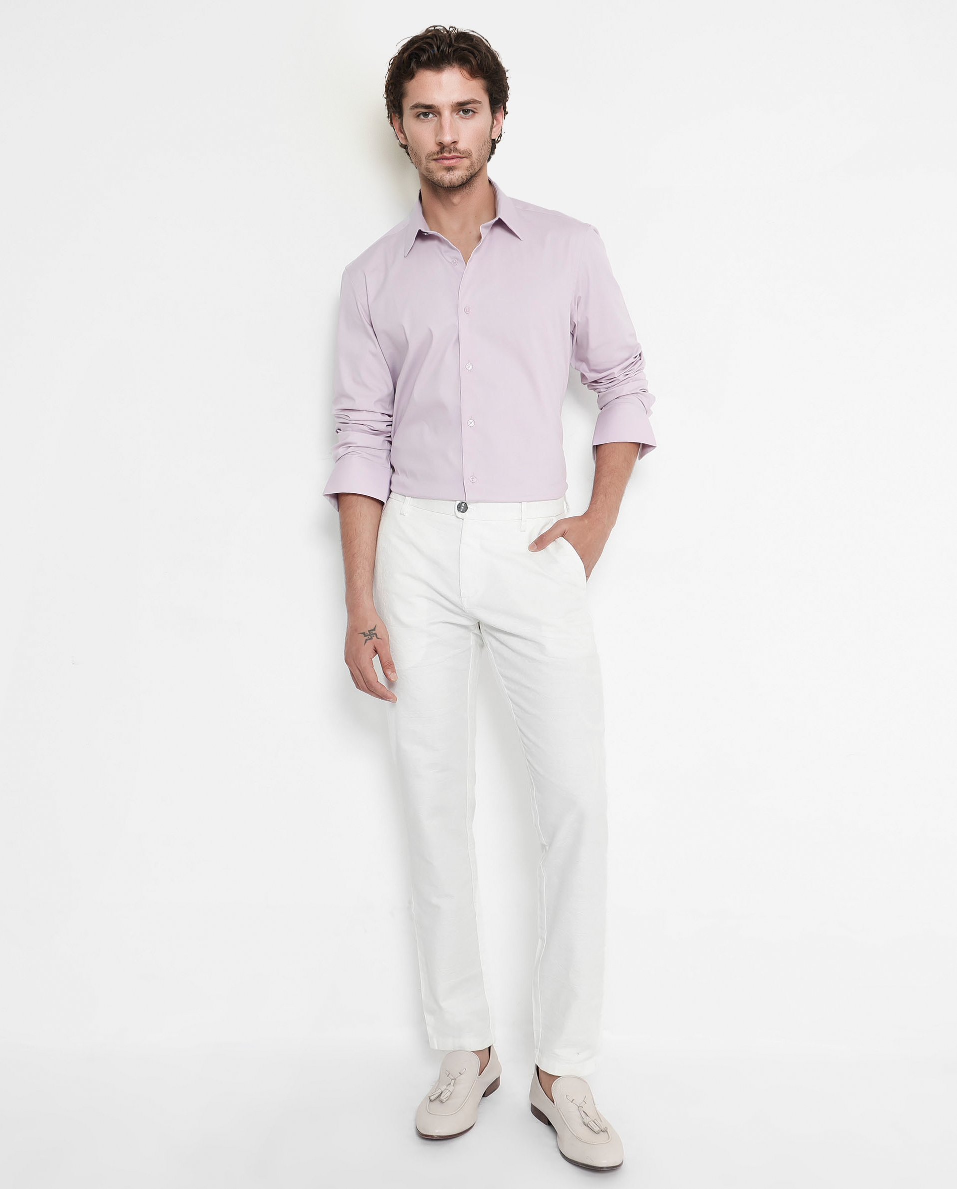 Rare Rabbit Men's Benedict Pastel Pink Cotton Poly Elastane Blend Fabric Full Sleeve Solid Formal Shirt