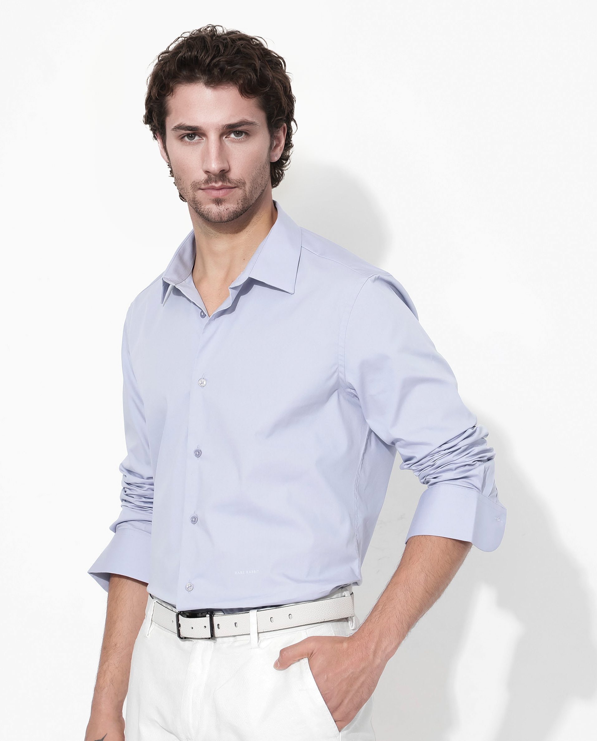 Rare Rabbit Men's Benedict Pastel Purple Cotton Poly Elastane Blend Fabric Full Sleeve Solid Formal Shirt