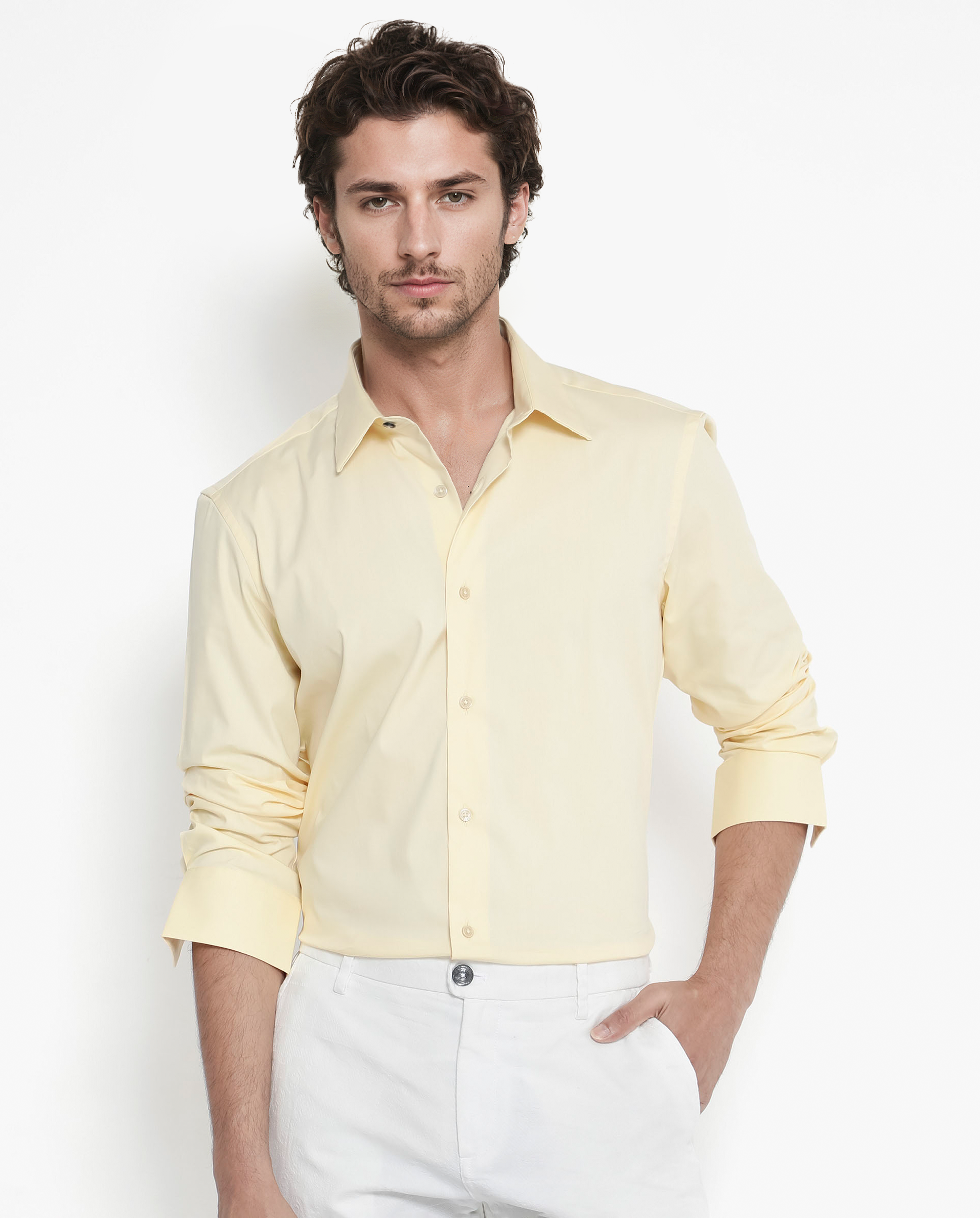 Rare Rabbit Men's Benedict Pastel Yellow Cotton Poly Elastane Blend Fabric Full Sleeve Solid Formal Shirt