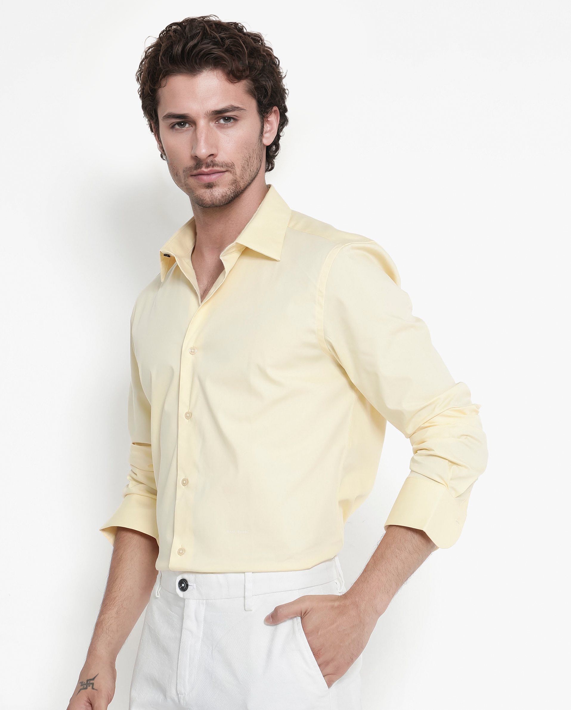 Rare Rabbit Men's Benedict Pastel Yellow Cotton Poly Elastane Blend Fabric Full Sleeve Solid Formal Shirt
