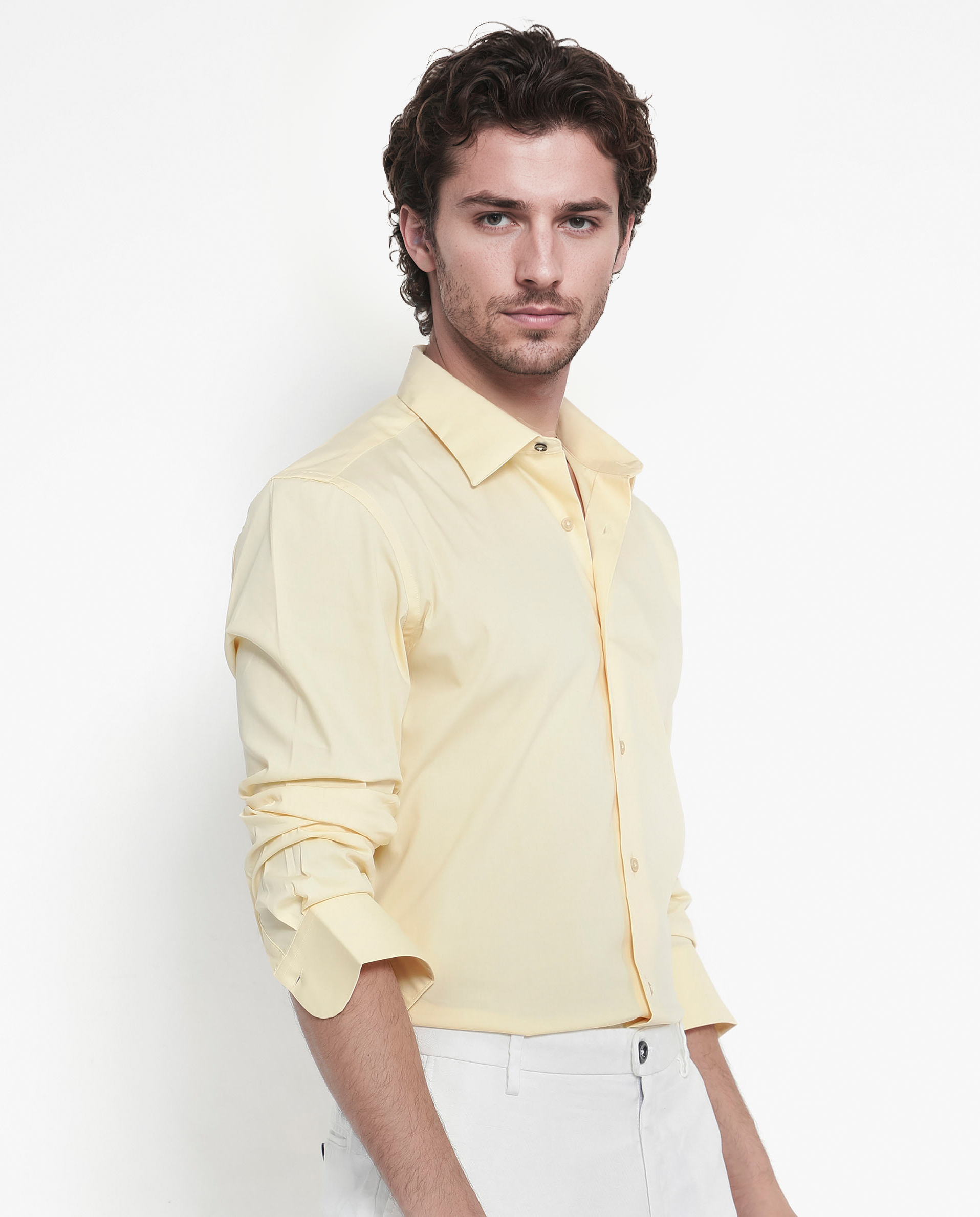 Rare Rabbit Men's Benedict Pastel Yellow Cotton Poly Elastane Blend Fabric Full Sleeve Solid Formal Shirt