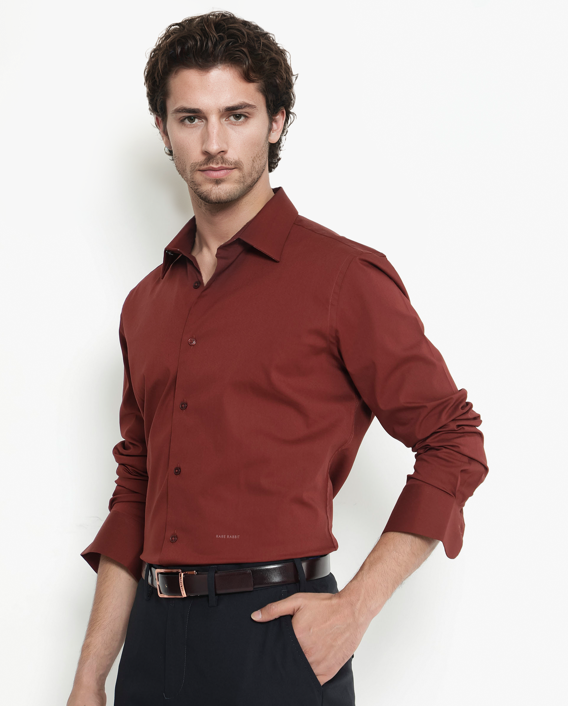 Rare Rabbit Men's Benedict Rust Cotton Poly Elastane Blend Fabric Full Sleeve Solid Formal Shirt