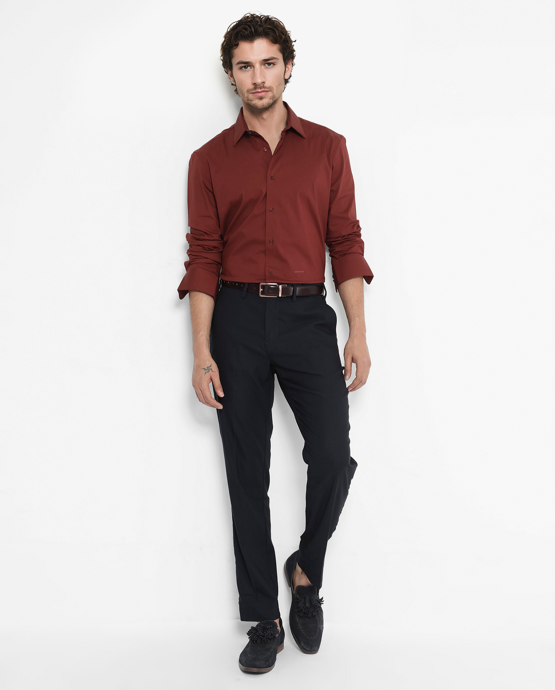 Rare Rabbit Men's Benedict Rust Cotton Poly Elastane Blend Fabric Full Sleeve Solid Formal Shirt