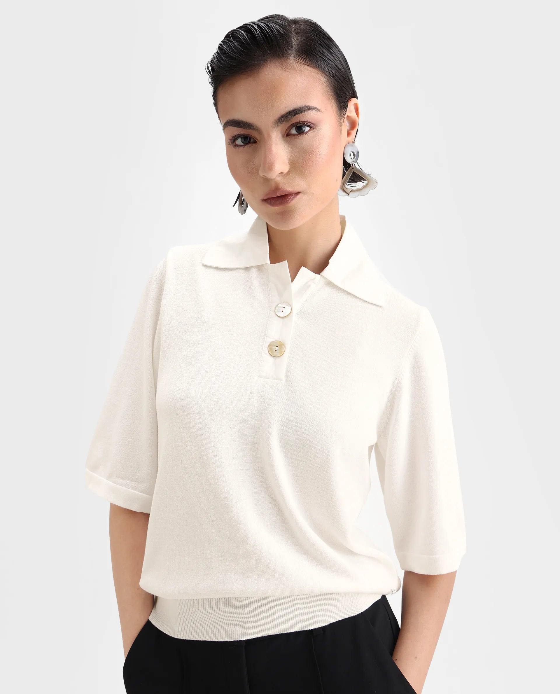 Rareism Women's Bene White Drop Collar Plain Relaxed Fit Top