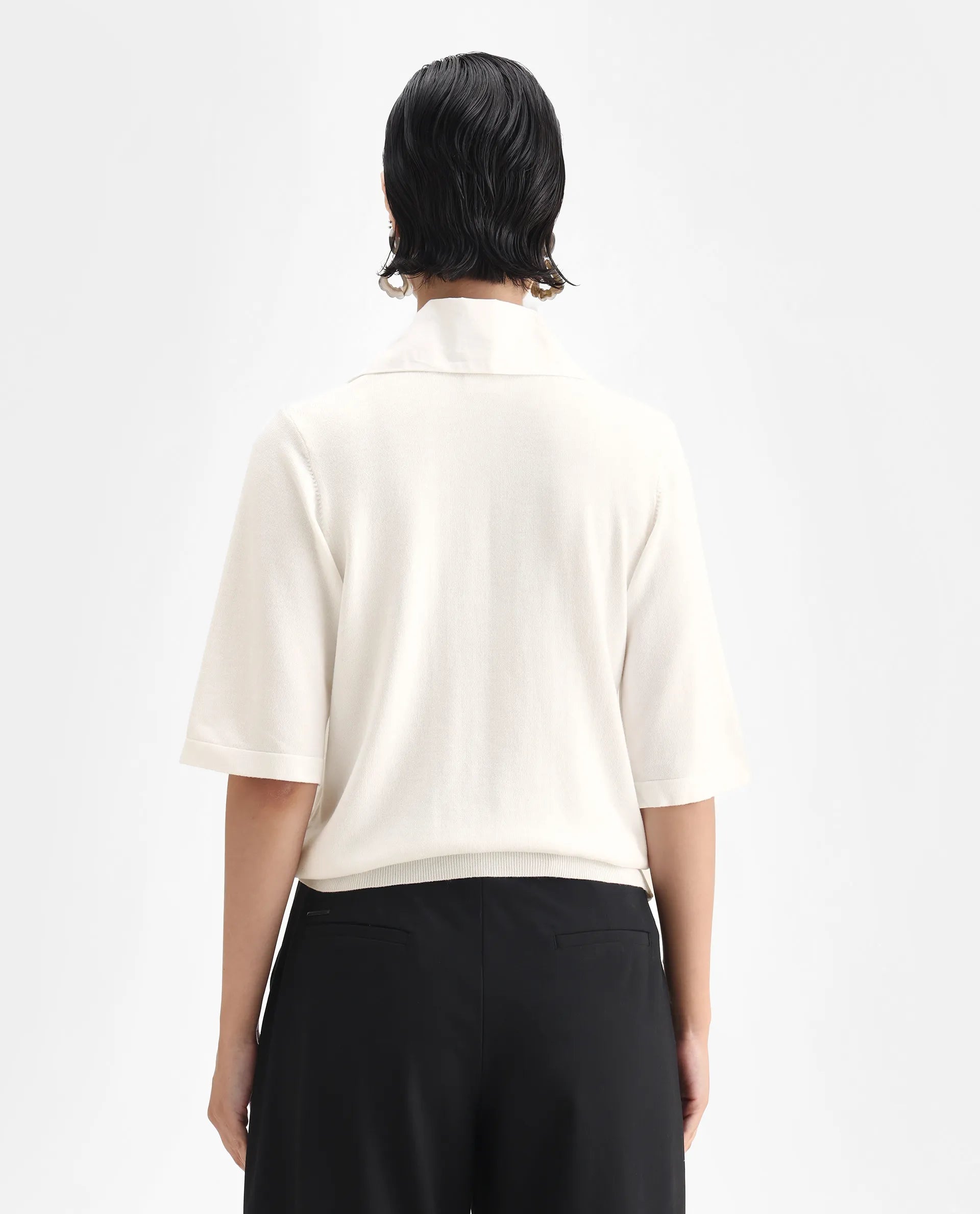 Rareism Women's Bene White Drop Collar Plain Relaxed Fit Top