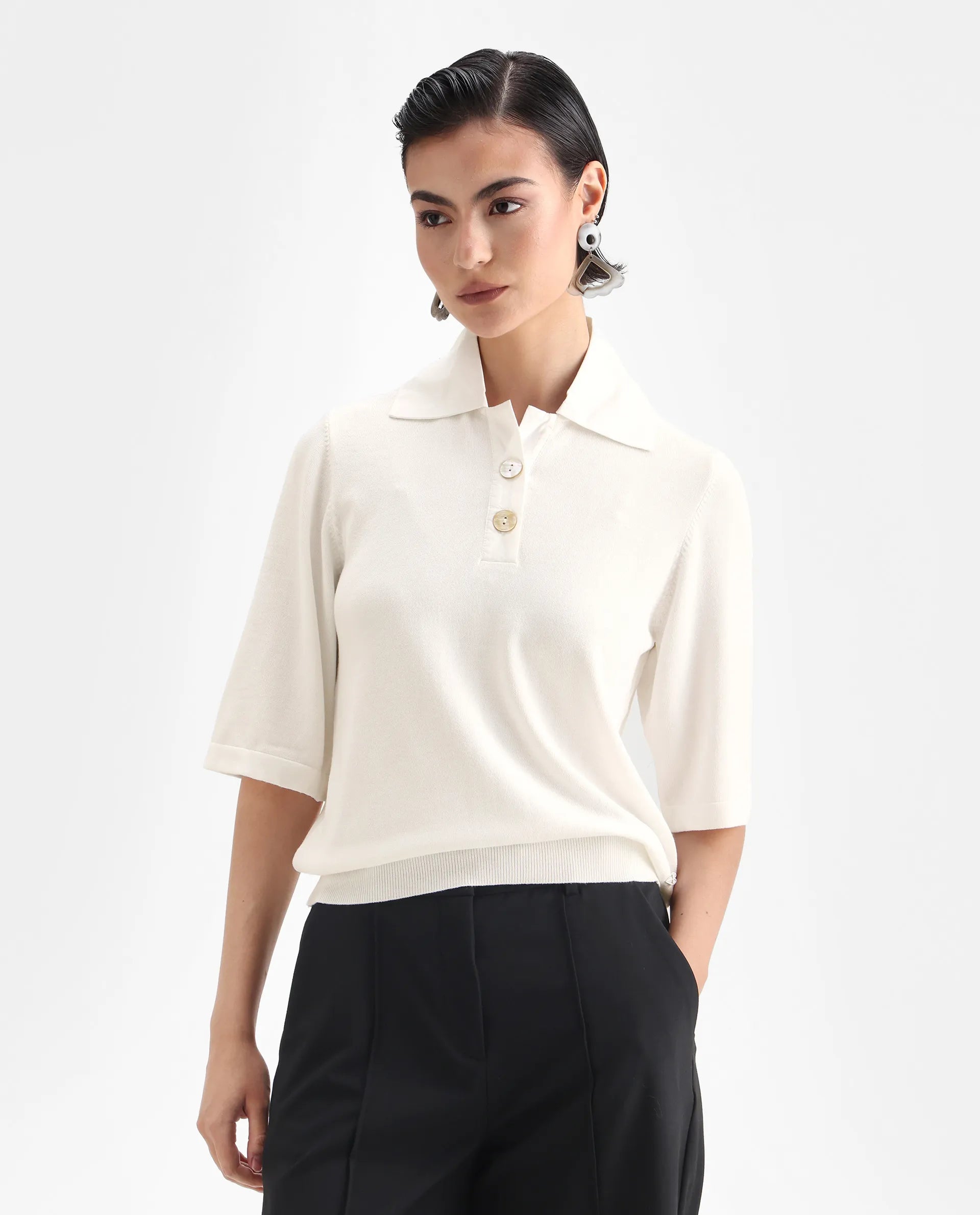 Rareism Women's Bene White Drop Collar Plain Relaxed Fit Top