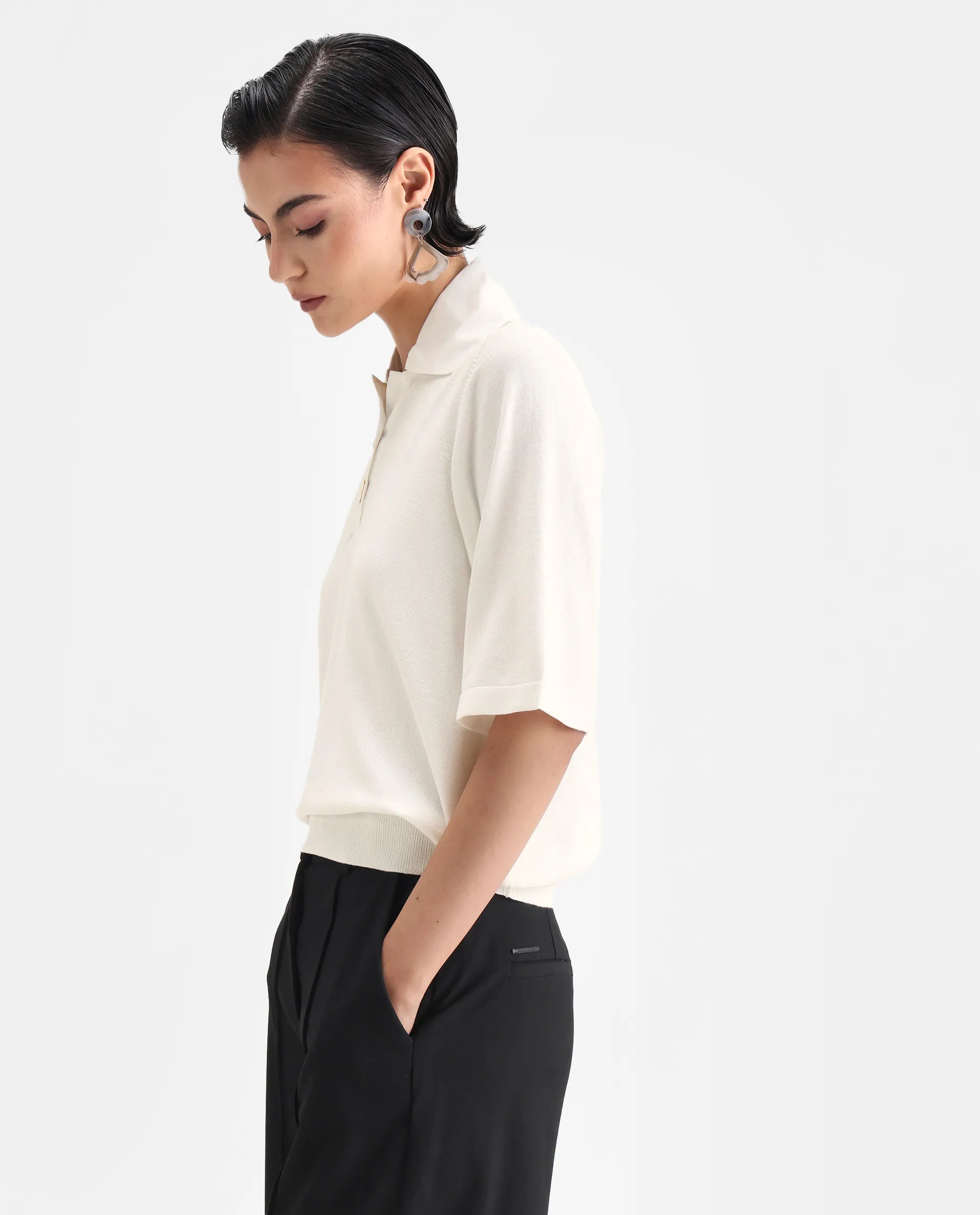 Rareism Women's Bene White Drop Collar Plain Relaxed Fit Top