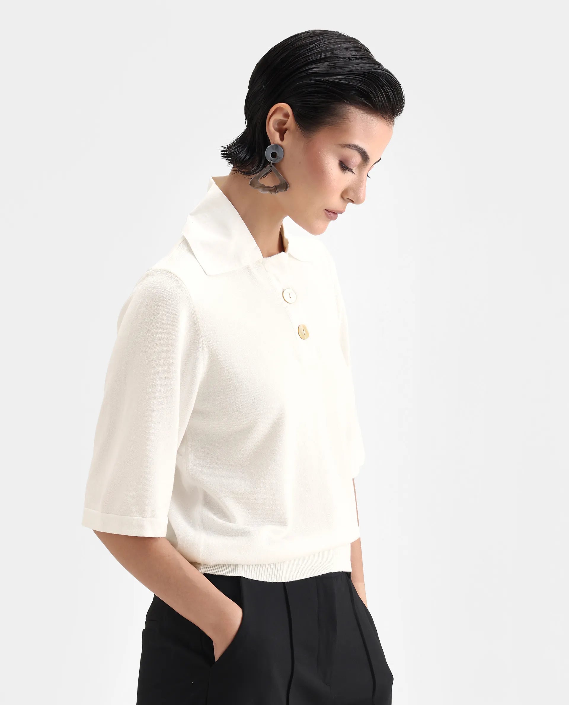 Rareism Women's Bene White Drop Collar Plain Relaxed Fit Top