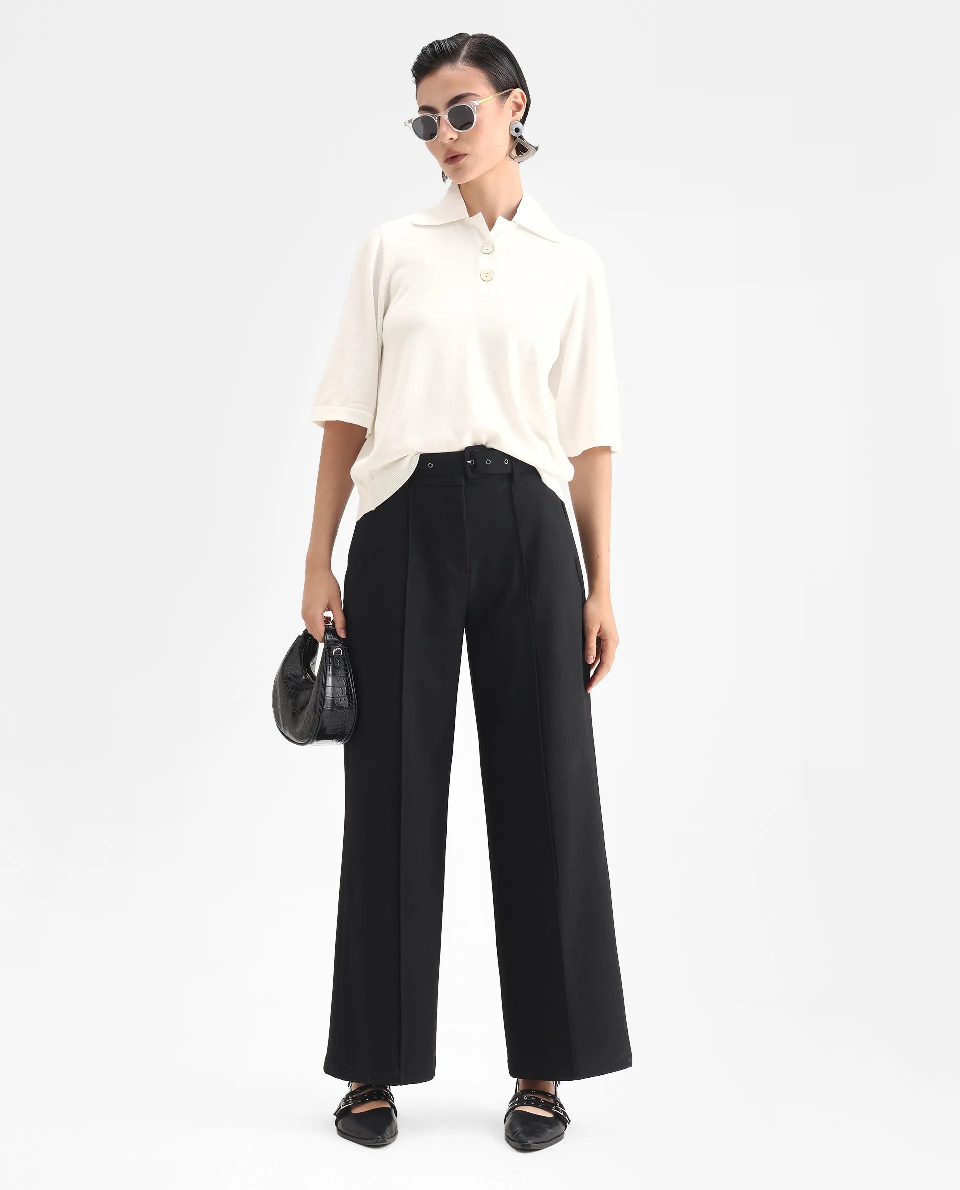 Rareism Women's Bene White Drop Collar Plain Relaxed Fit Top