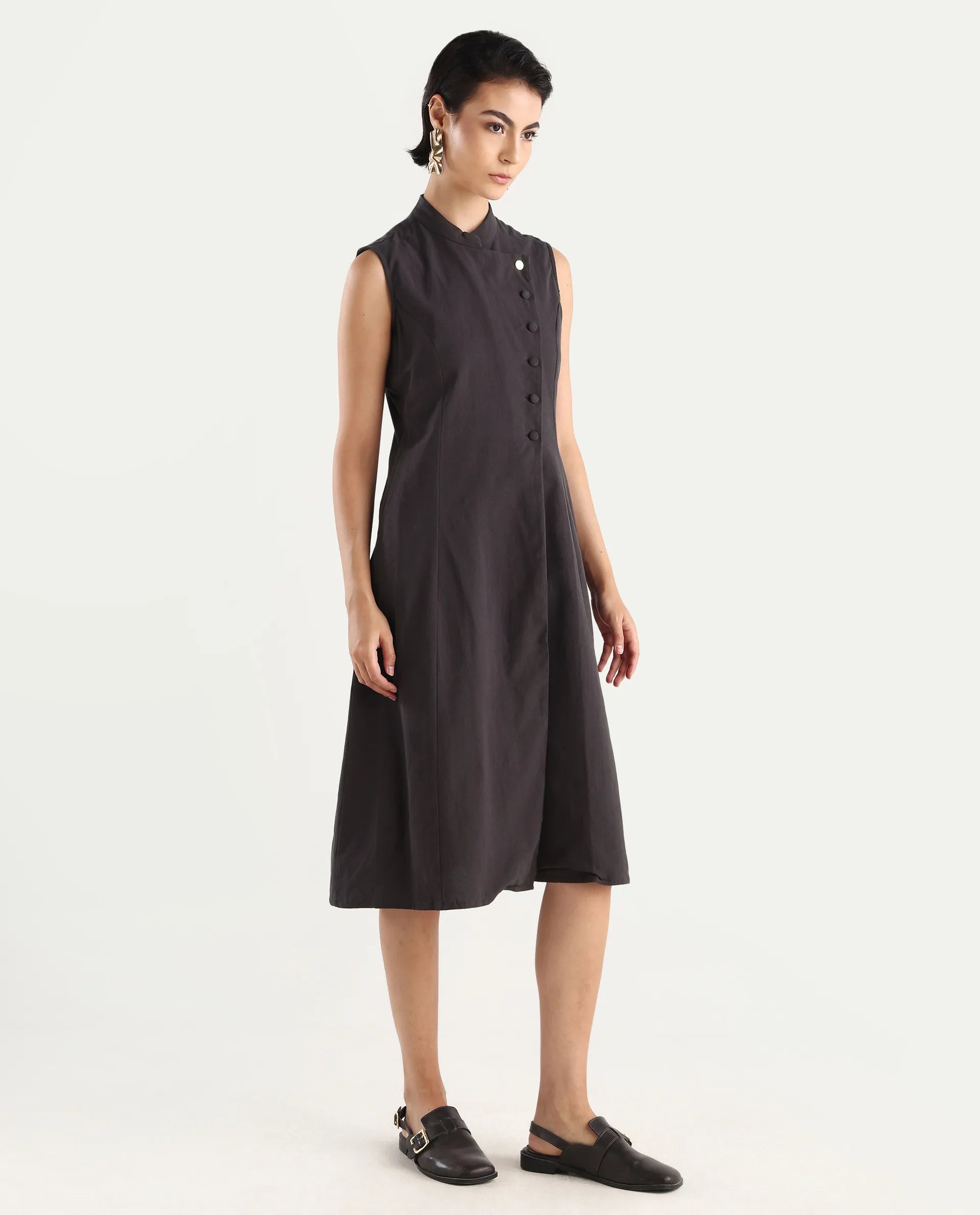 Rareism Women's Beniz Dark Brown Cotton High Neck Plain Sleeveless Midi A-Line Dress