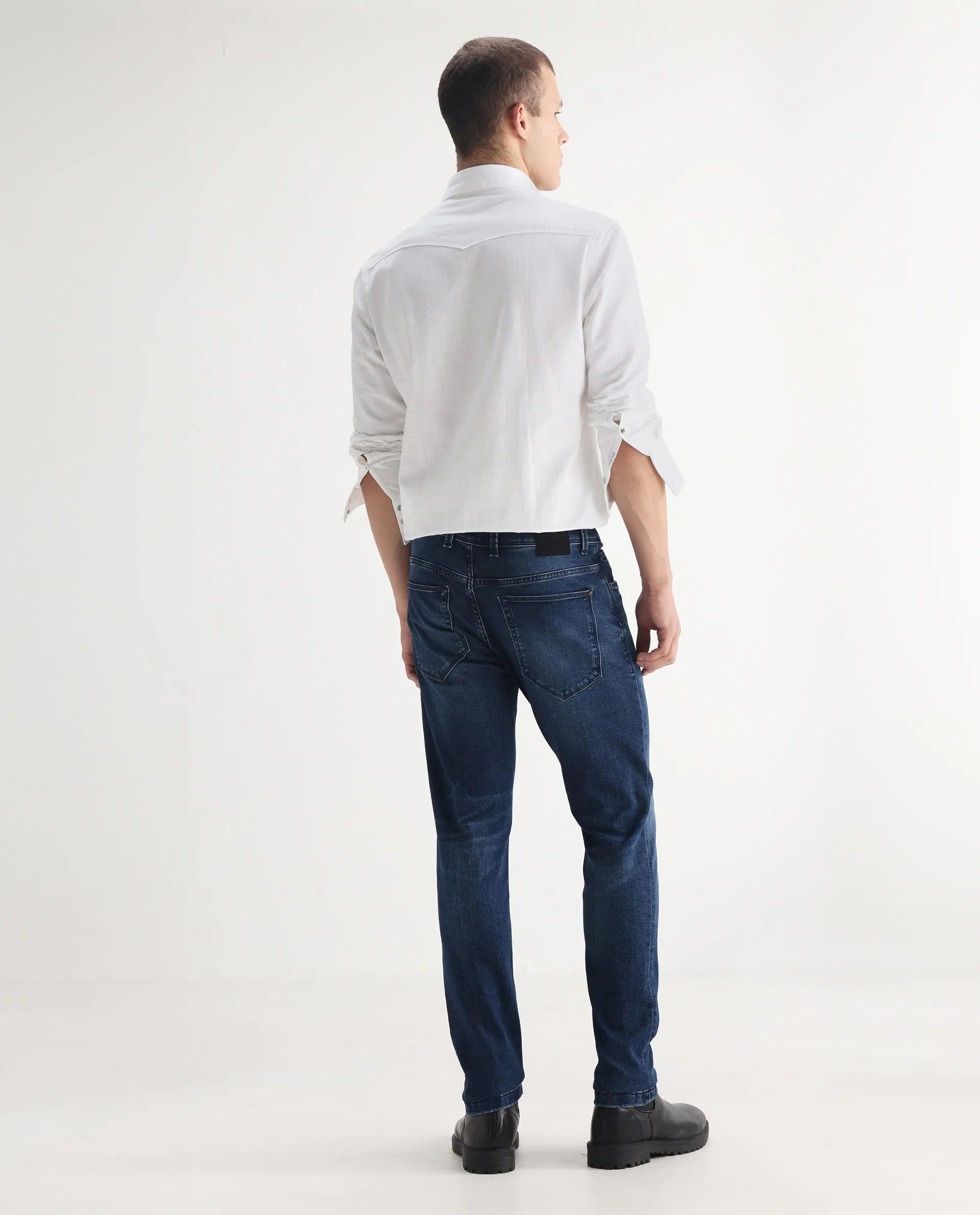 Rare Rabbit Men's Benn Blue Cotton Blend Plain Hawk Slim Fit Jeans