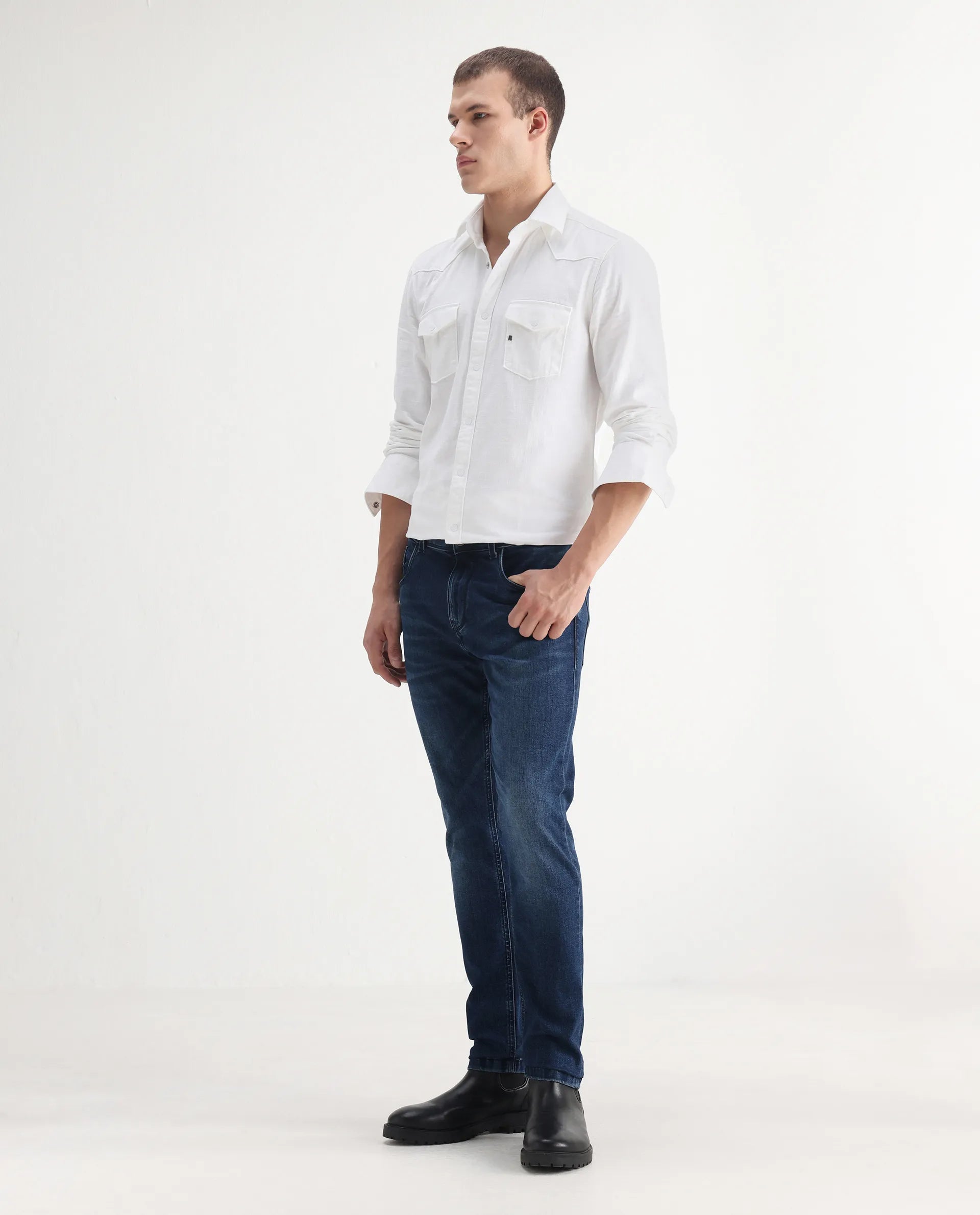 Rare Rabbit Men's Benn Blue Cotton Blend Plain Hawk Slim Fit Jeans