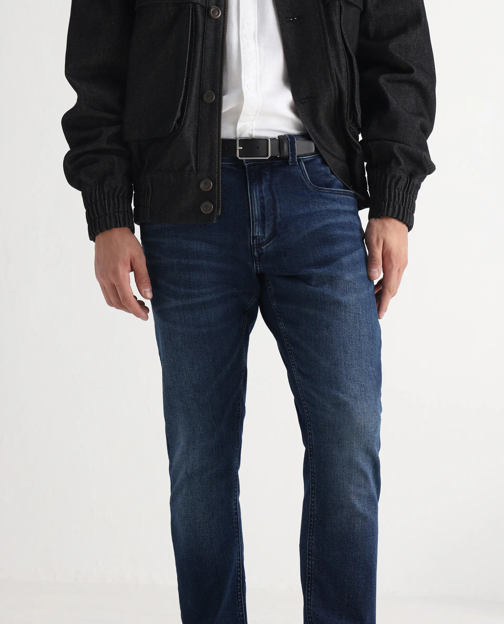 Rare Rabbit Men's Benn Blue Cotton Blend Plain Hawk Slim Fit Jeans