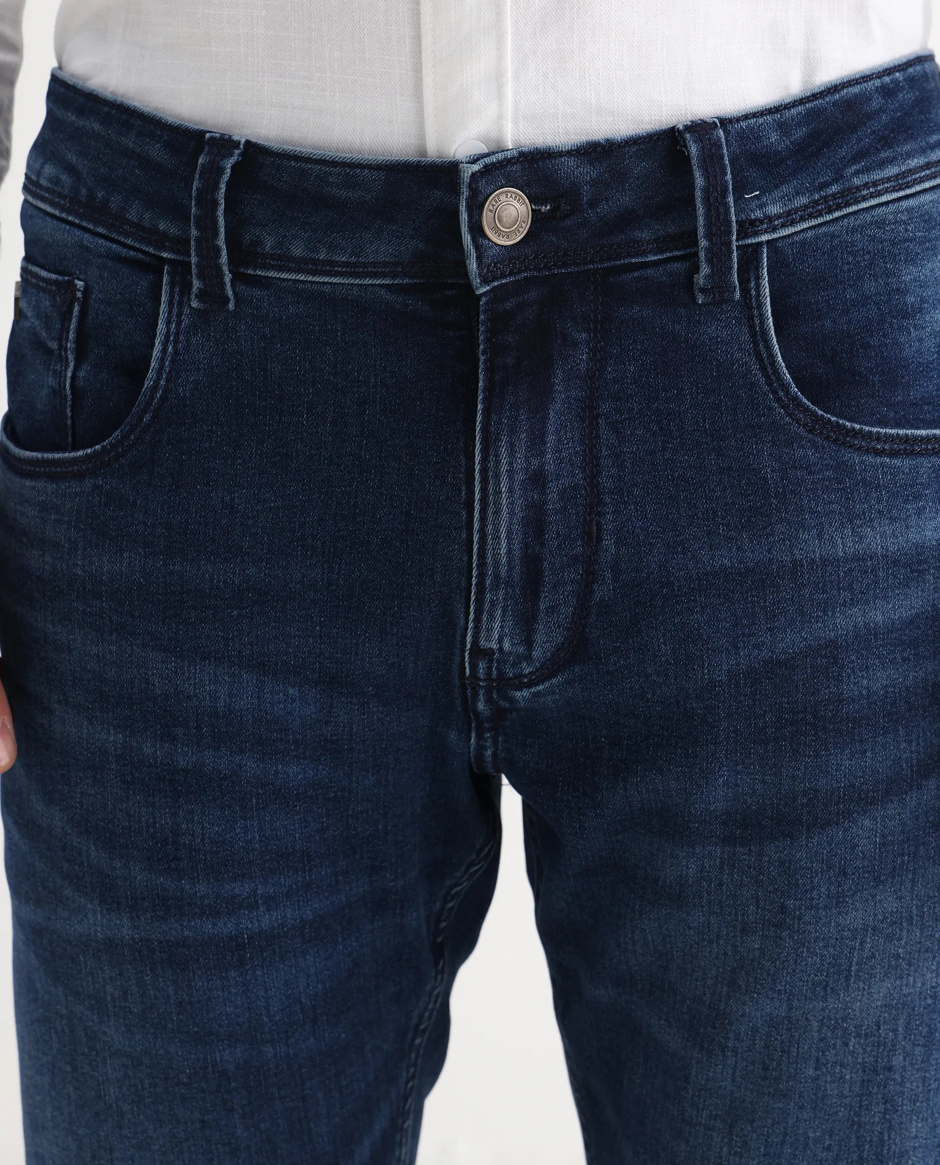 Rare Rabbit Men's Benn Blue Cotton Blend Plain Hawk Slim Fit Jeans