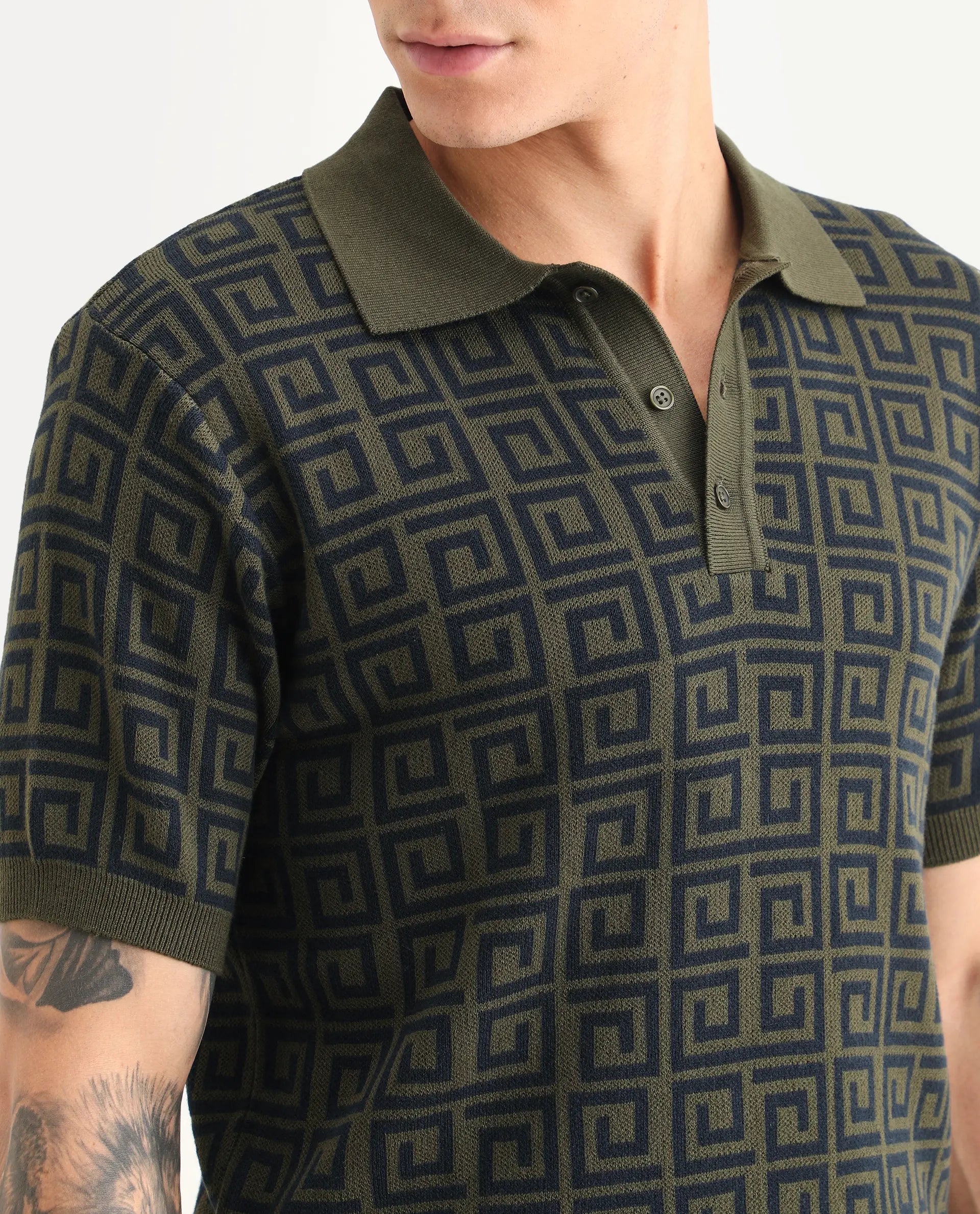Rare Rabbit Men's Bennett Pastel Navy Cotton Fabric Half Sleeve Regular Fit Geometric Print Polo
