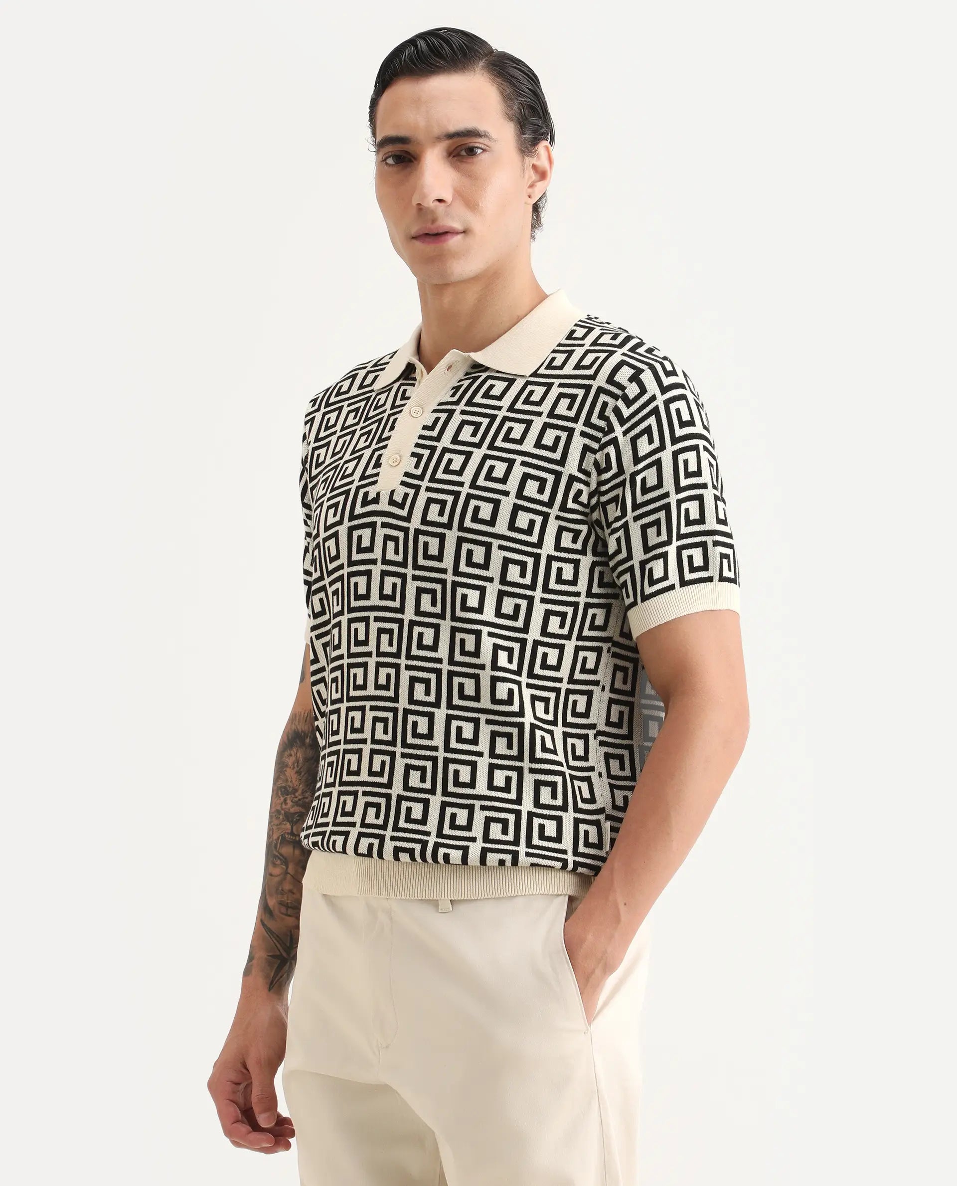 Rare Rabbit Men's Bennett Pastel Off White Cotton Fabric Half Sleeve Regular Fit Geometric Print Polo