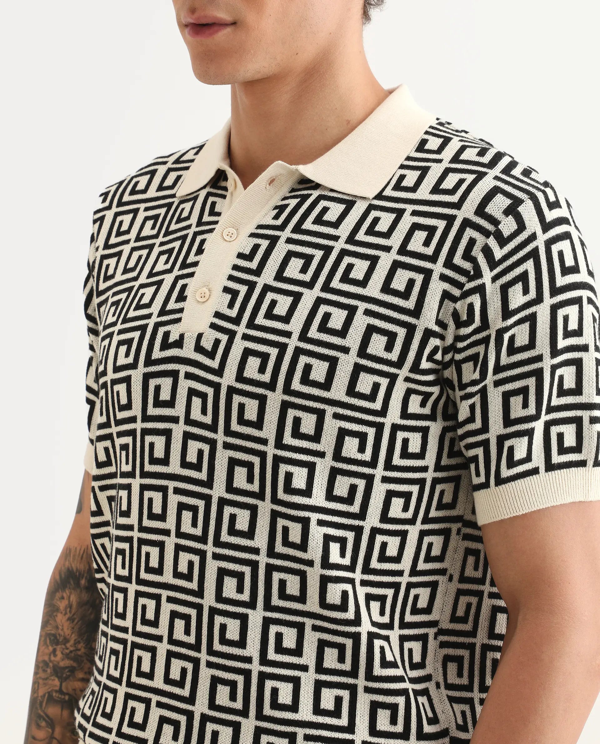 Rare Rabbit Men's Bennett Pastel Off White Cotton Fabric Half Sleeve Regular Fit Geometric Print Polo