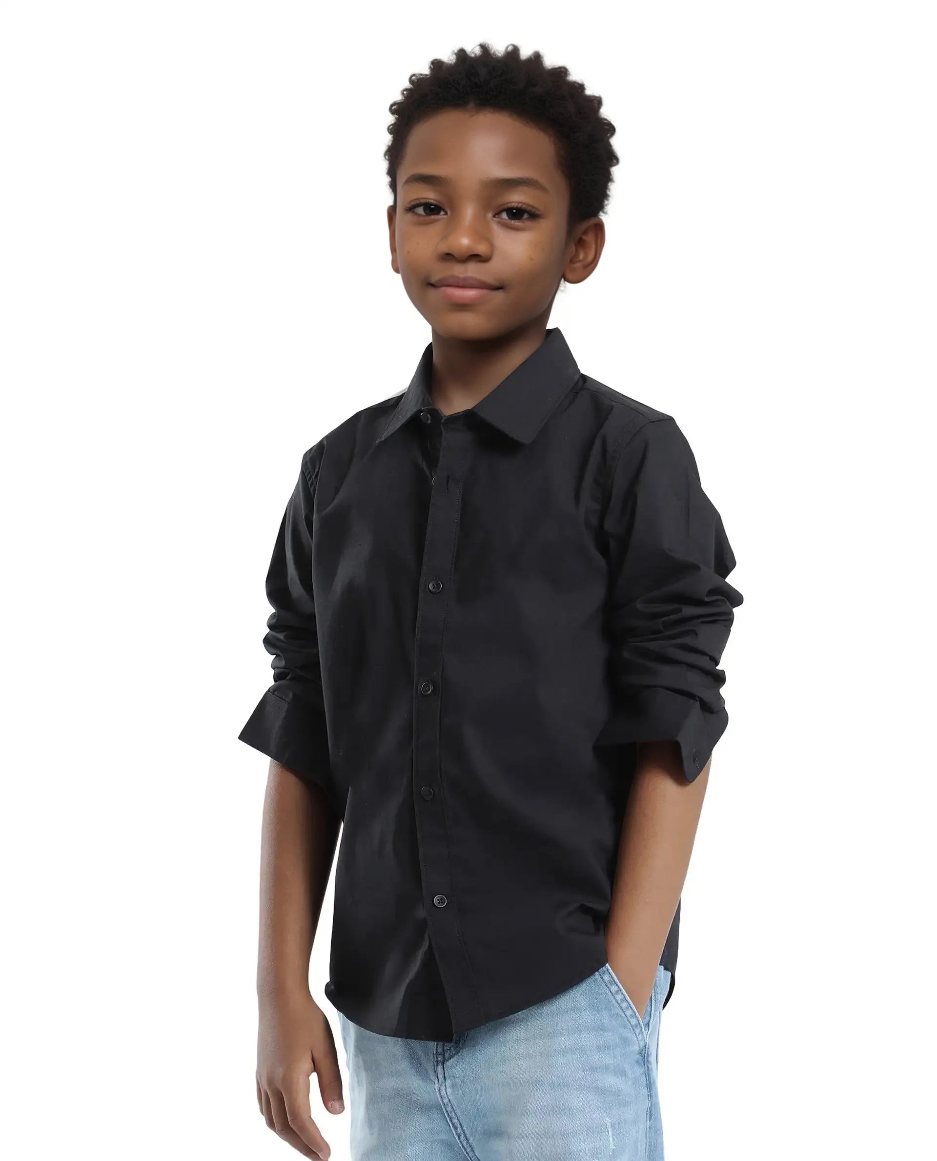 Rare Ones Kids Beno Black Cotton Blend Full Sleeve Button Solid Regular Fit Shirt
