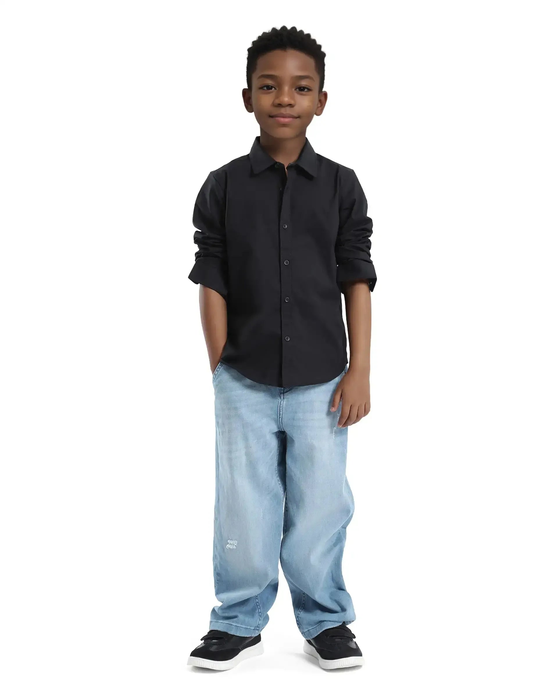 Rare Ones Kids Beno Black Cotton Blend Full Sleeve Button Solid Regular Fit Shirt
