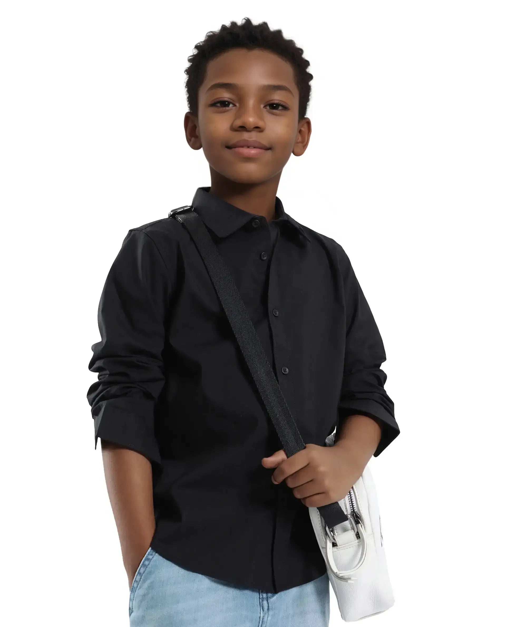 Rare Ones Kids Beno Black Cotton Blend Full Sleeve Button Solid Regular Fit Shirt