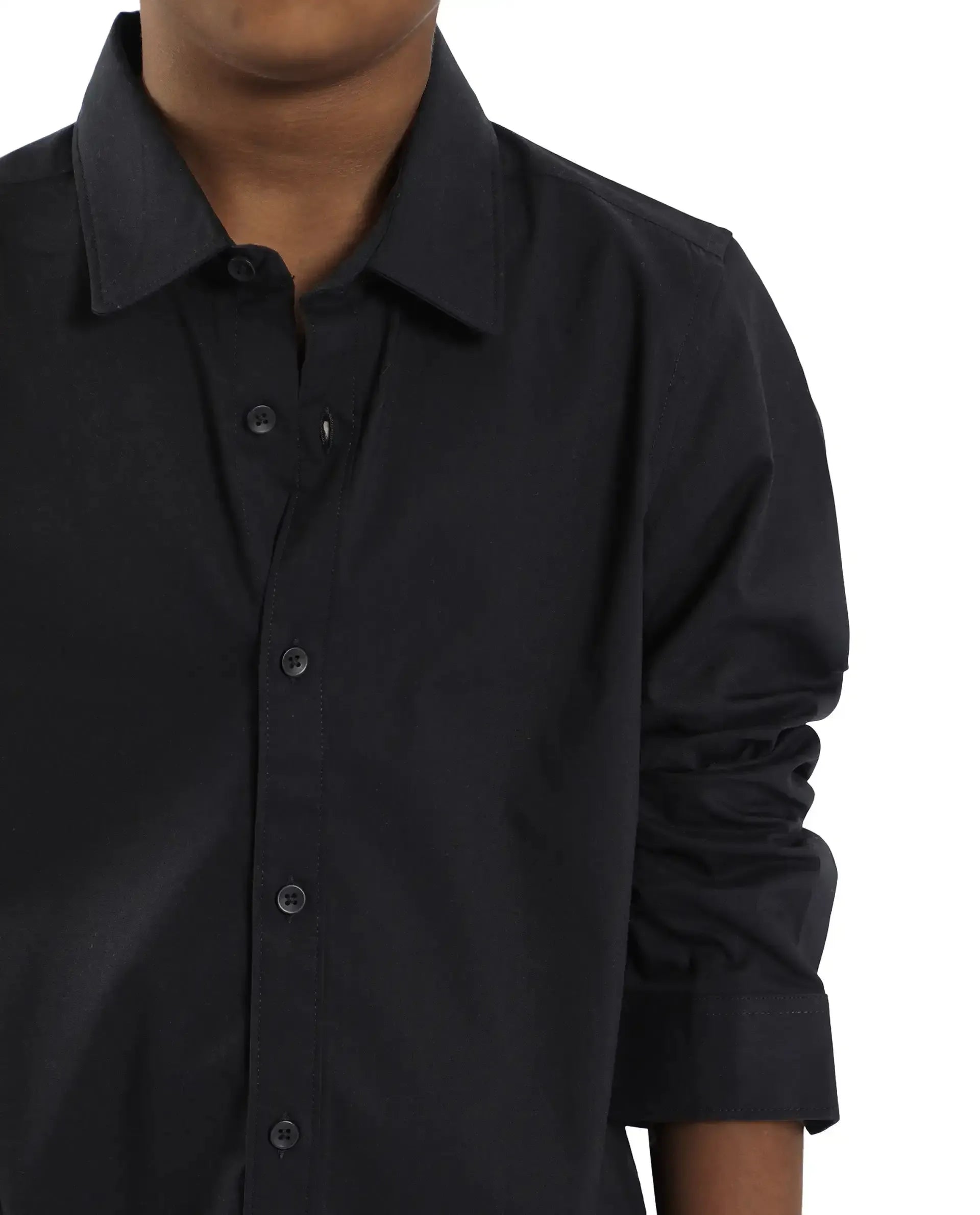 Rare Ones Kids Beno Black Cotton Blend Full Sleeve Button Solid Regular Fit Shirt