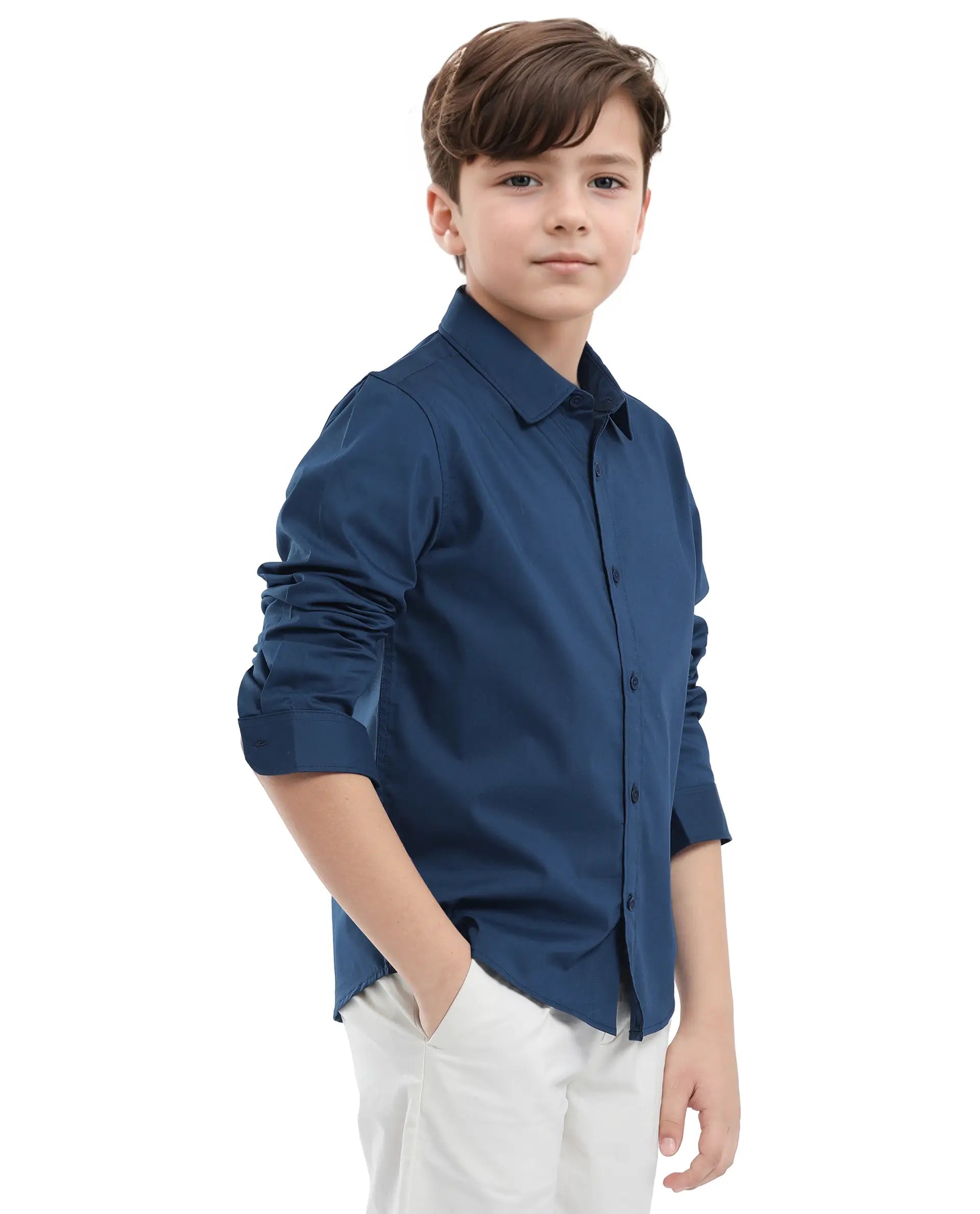 Rare Ones Kids Beno Blue Cotton Blend Full Sleeve Button Solid Regular Fit Shirt