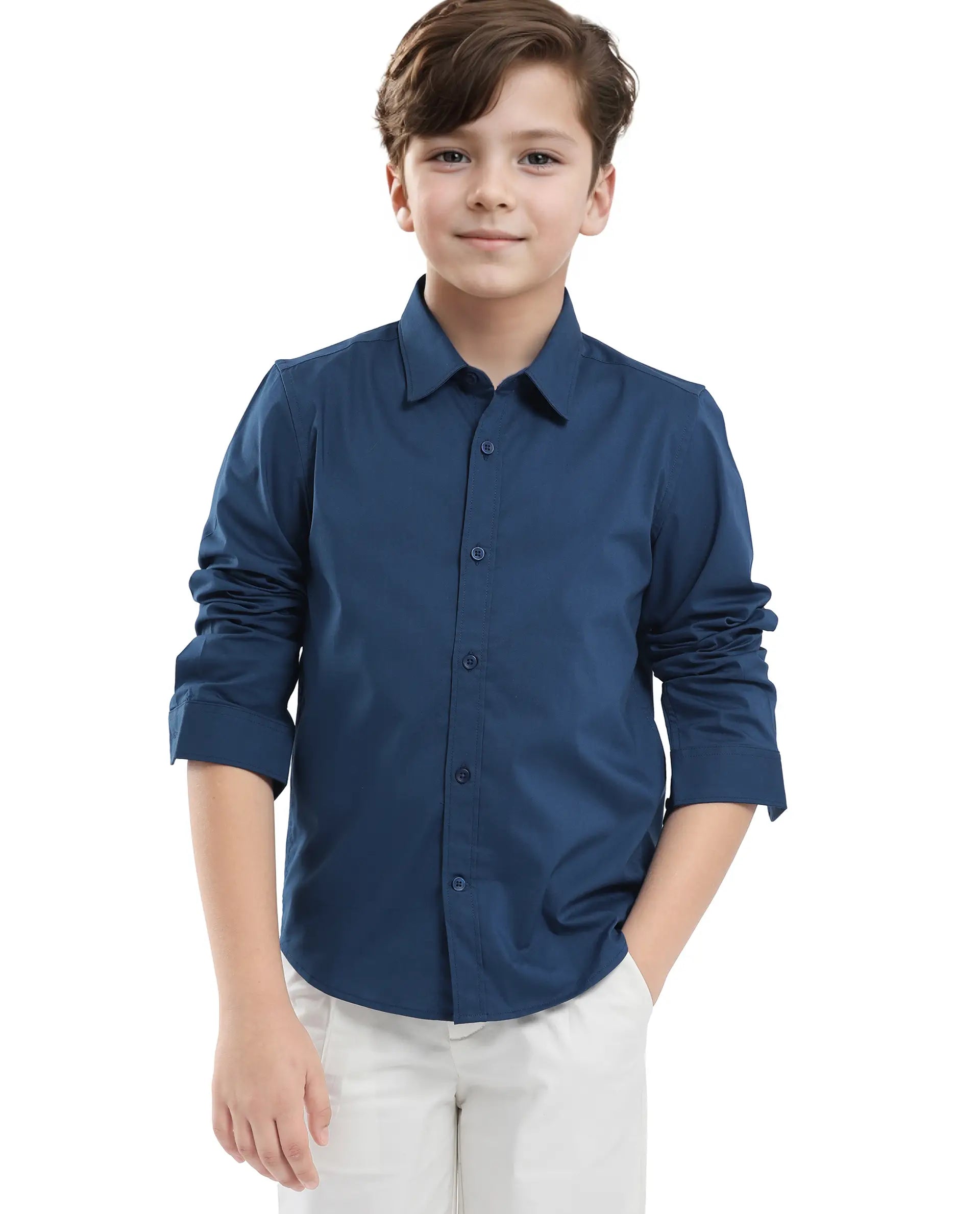 Rare Ones Kids Beno Blue Cotton Blend Full Sleeve Button Solid Regular Fit Shirt