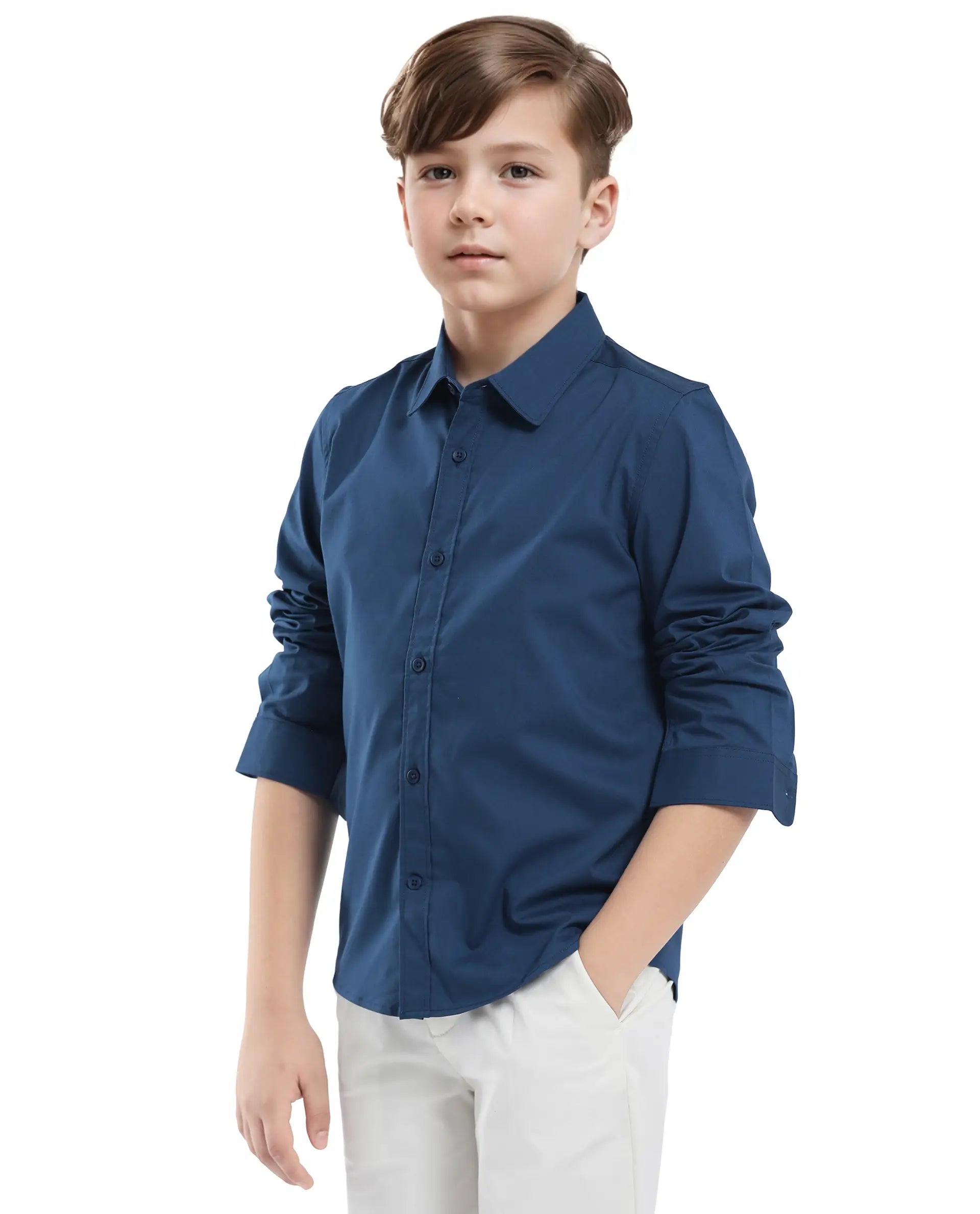 Rare Ones Kids Beno Blue Cotton Blend Full Sleeve Button Solid Regular Fit Shirt