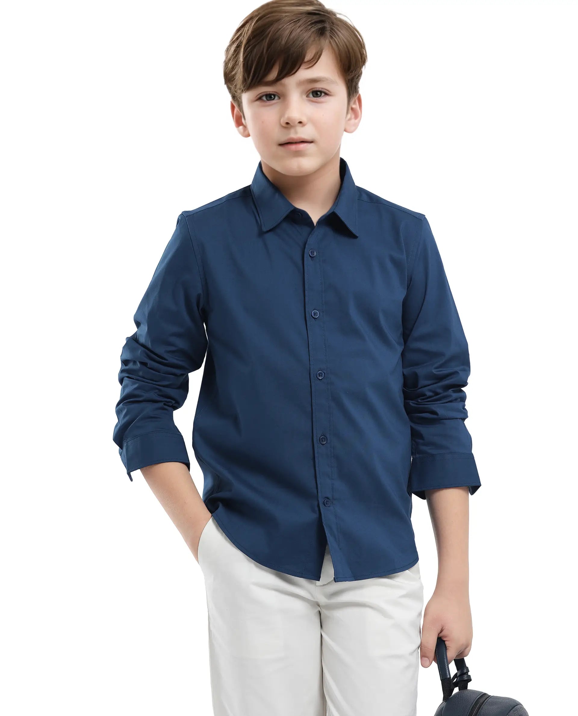 Rare Ones Kids Beno Blue Cotton Blend Full Sleeve Button Solid Regular Fit Shirt