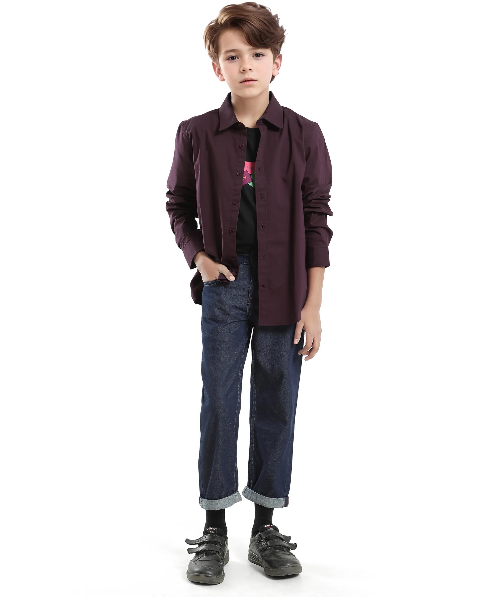 Rare Ones Kids Beno Maroon Cotton Blend Full Sleeve Button Solid Regular Fit Shirt