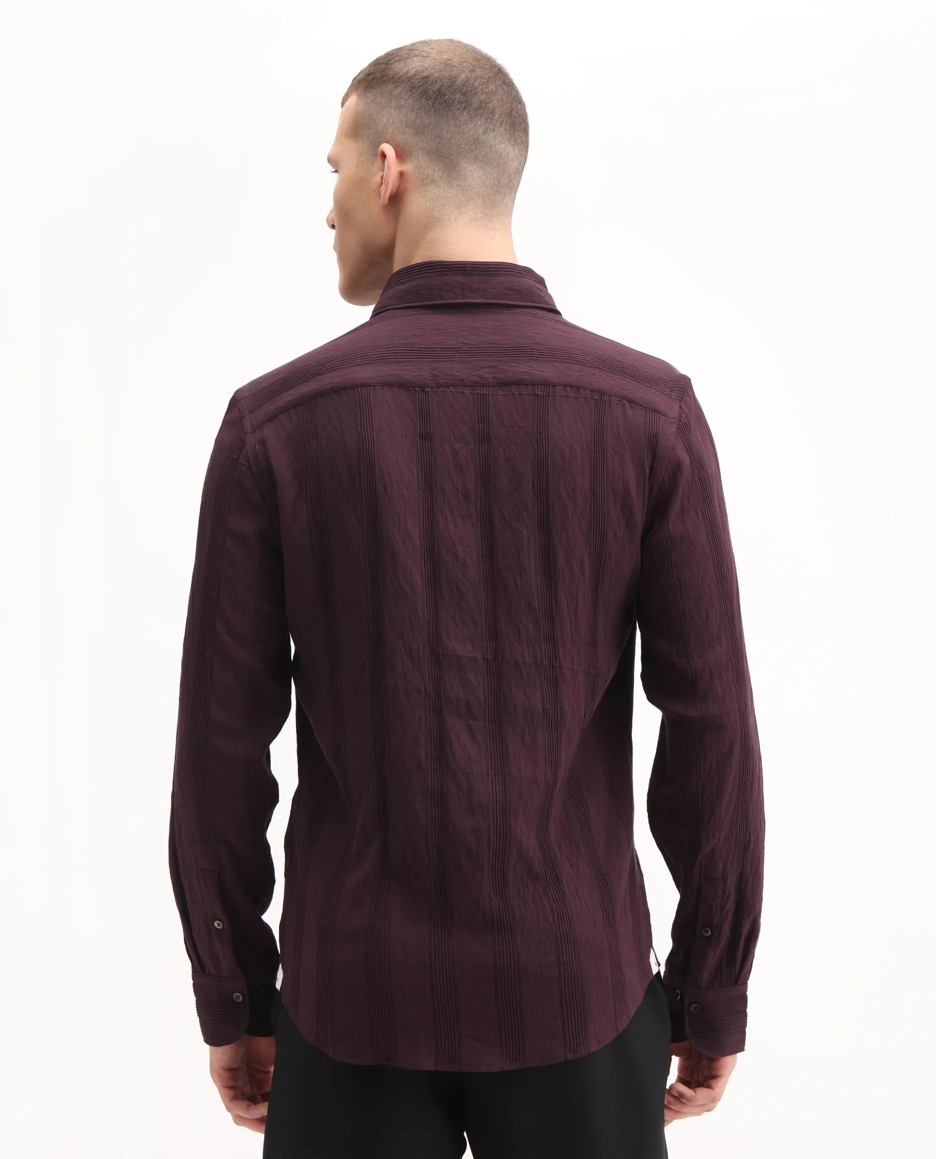 Rare Rabbit Men's Benon-25 Dark Maroon Viscose Blend Striped Print Regular Fit Full Sleeve Spread Collar Shirt
