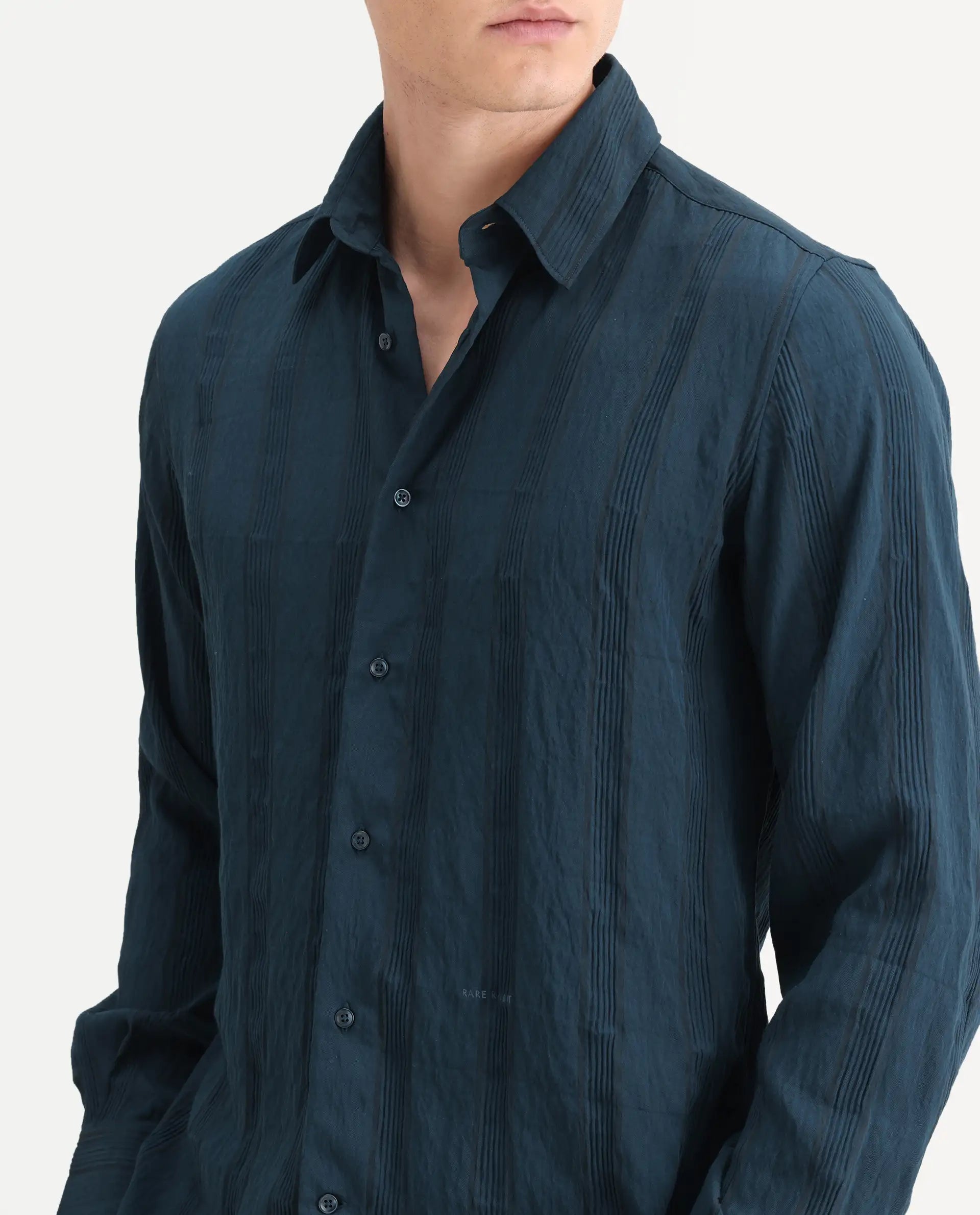Rare Rabbit Men's Benon-25 Dark Teal Viscose Blend Striped Print Regular Fit Full Sleeve Spread Collar Shirt